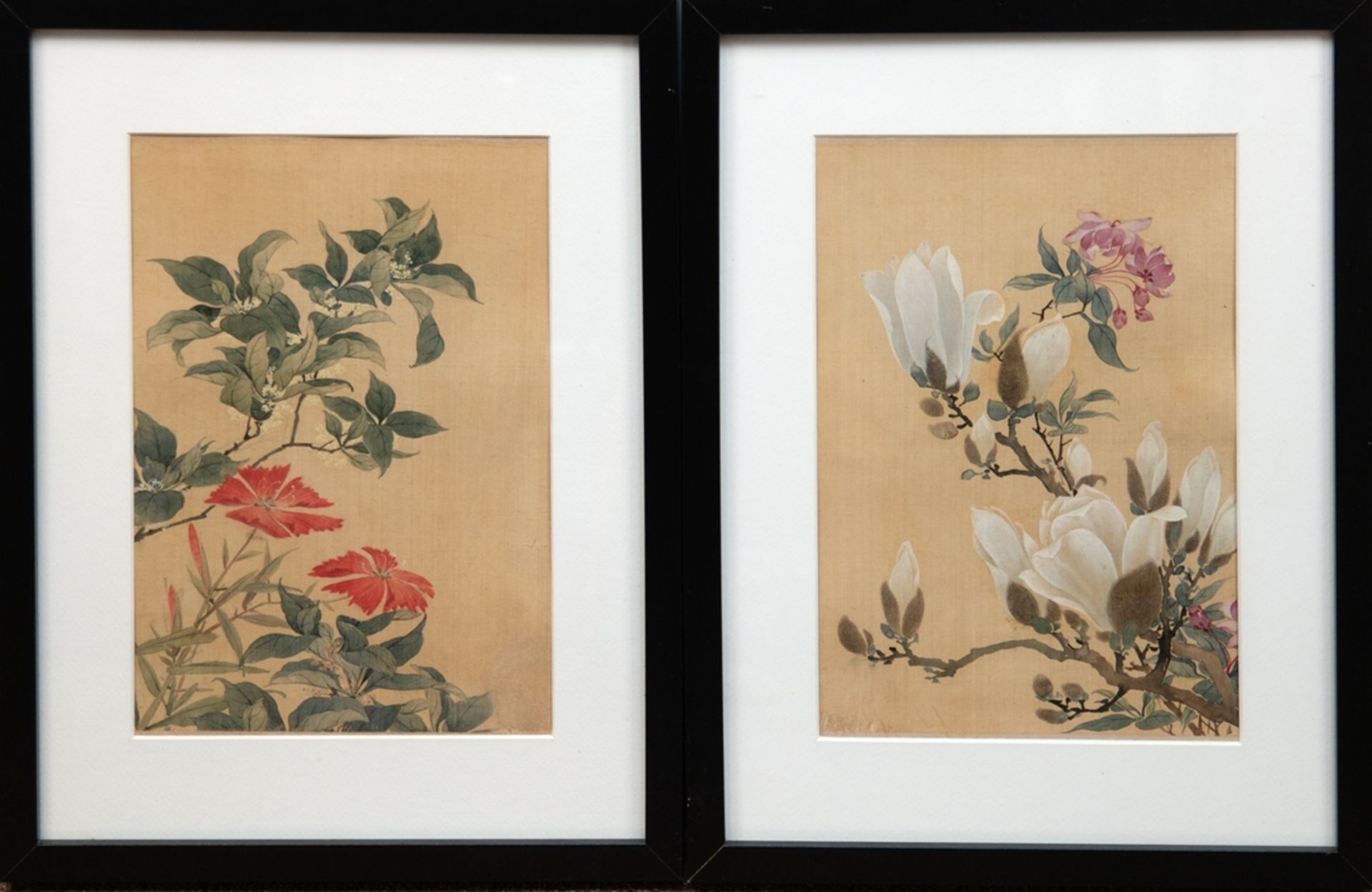 2 Aquarelle "Blumen", Japan, unsign., am unteren Rand etwas fleckig, je 29,5x20 cm, im Passepartou