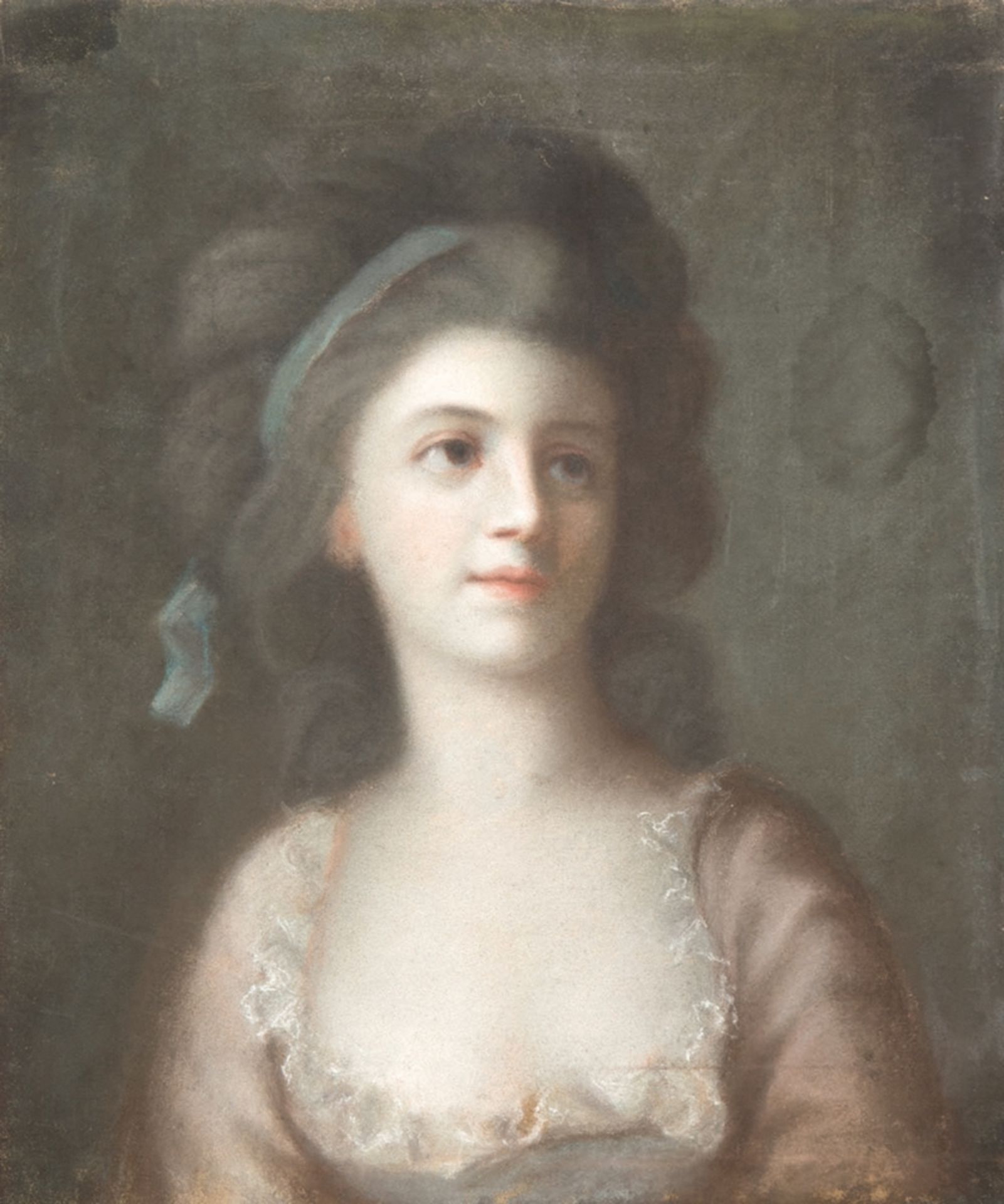 Porträtmaler des 19. Jh. "Porträt einer jungen Dame mit blauem Haarband", Pastell, unsigniert, seit