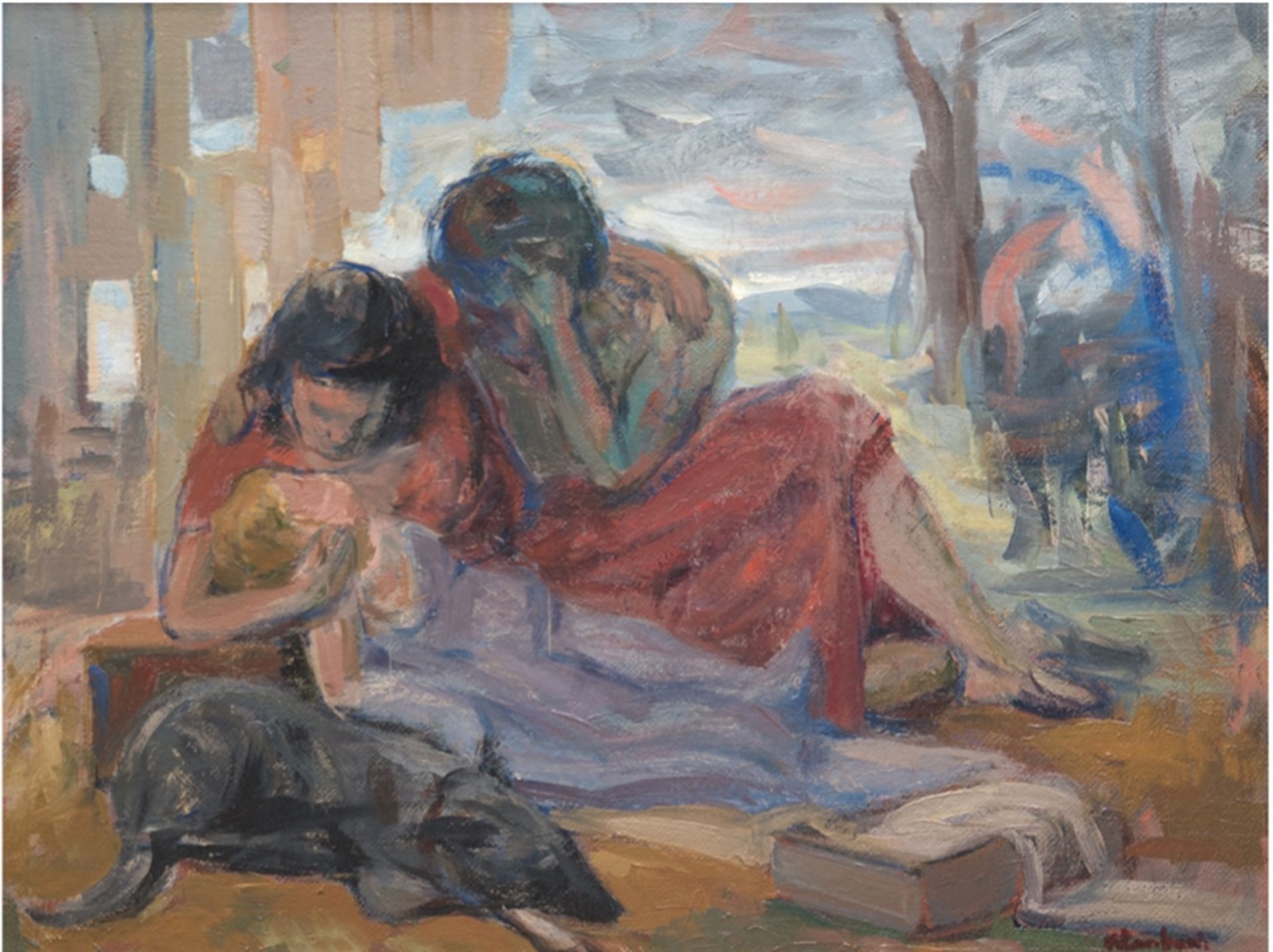 Lombardi, Fernando (1913, italienischer Maler) "Junge Familie mit Hund vor einer expressiv gestalte