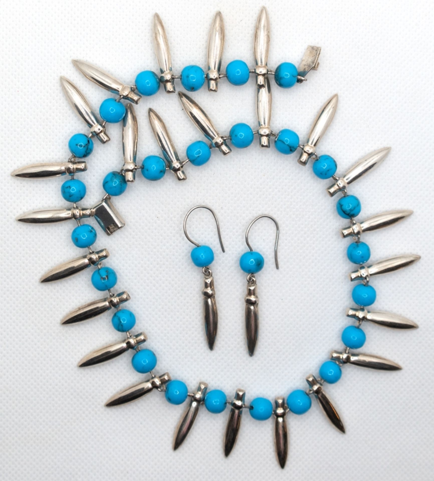Set aus Collier und Paar Ohrhängern, 925er Silber, Taxco Mexiko, Collier aus blauen marmorierten T