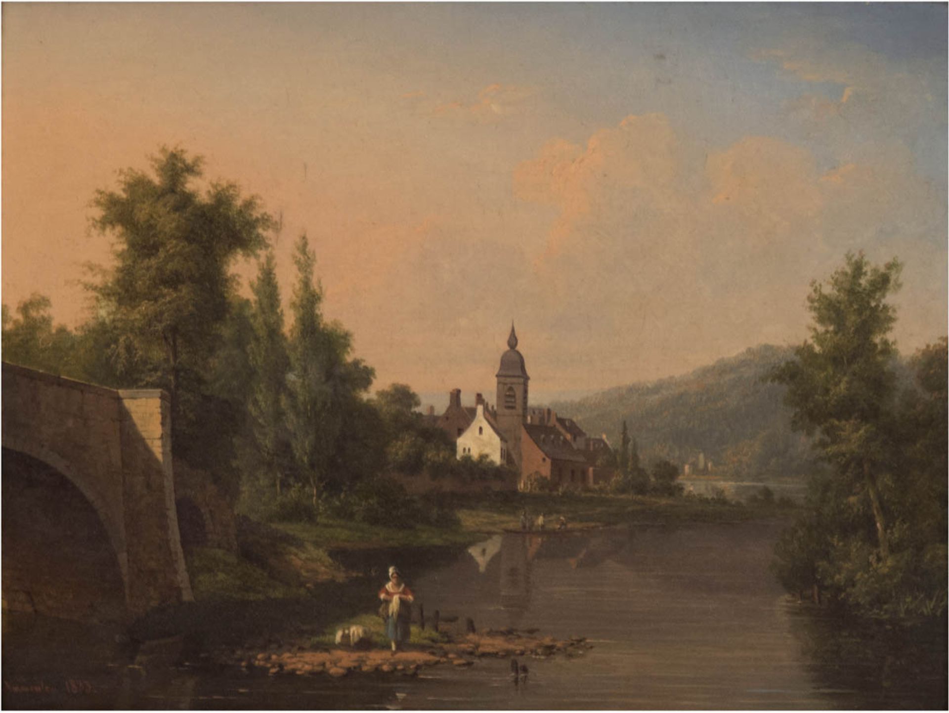 Vermeulen, Eugene (ca. 1810-1868) "Landschaft mit Wäsche waschender Frau am Flußufer", Öl/Holz, sig