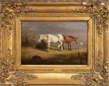 Tiermaler (Mitte 19. Jh.) "Pferde auf der Weide", Öl/Mp., unsign., 14x20,5 cm, im Rahmen der Zeit