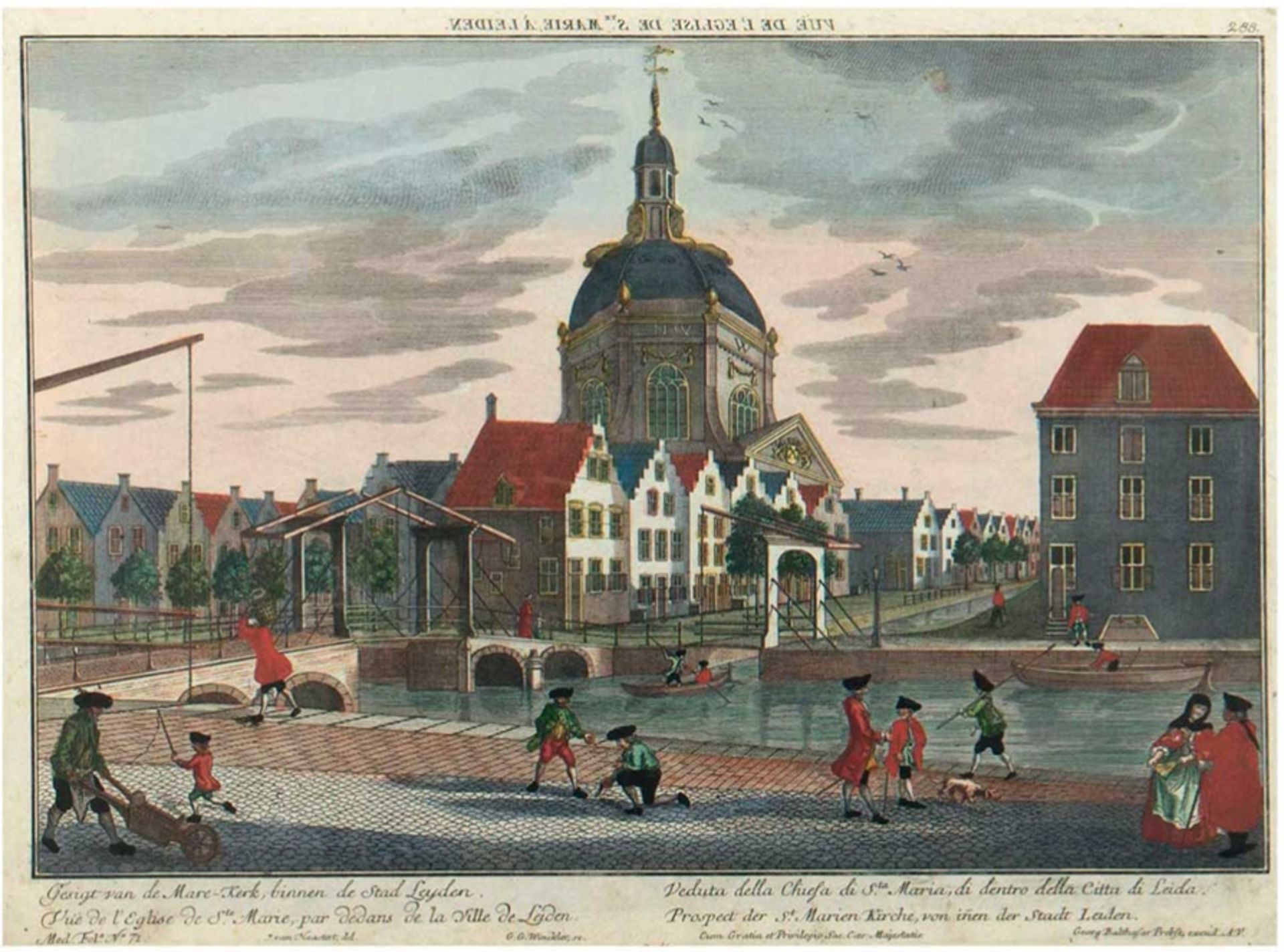 Guckkastenbild, 18. Jh. "Prospect der St. Marien Kirche, von inen der Stadt Leiden", handkolorierte