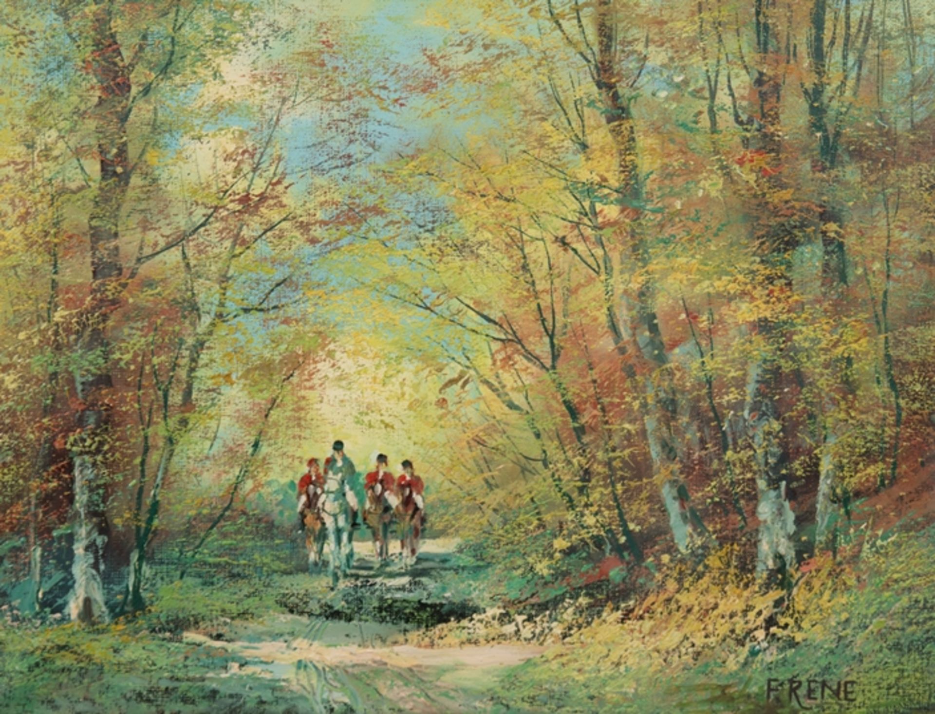 Rene, F. "Reiter im Wald", Öl/ Lw., sign. u.r., 40x50 cm, Rahmen