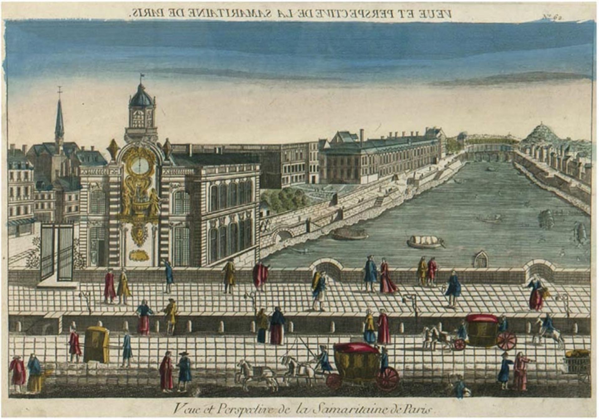 Guckkastenbild, 18. Jh. "Veue et Perspective la Samaritaine de Paris", handkolorierter Kupferstich,