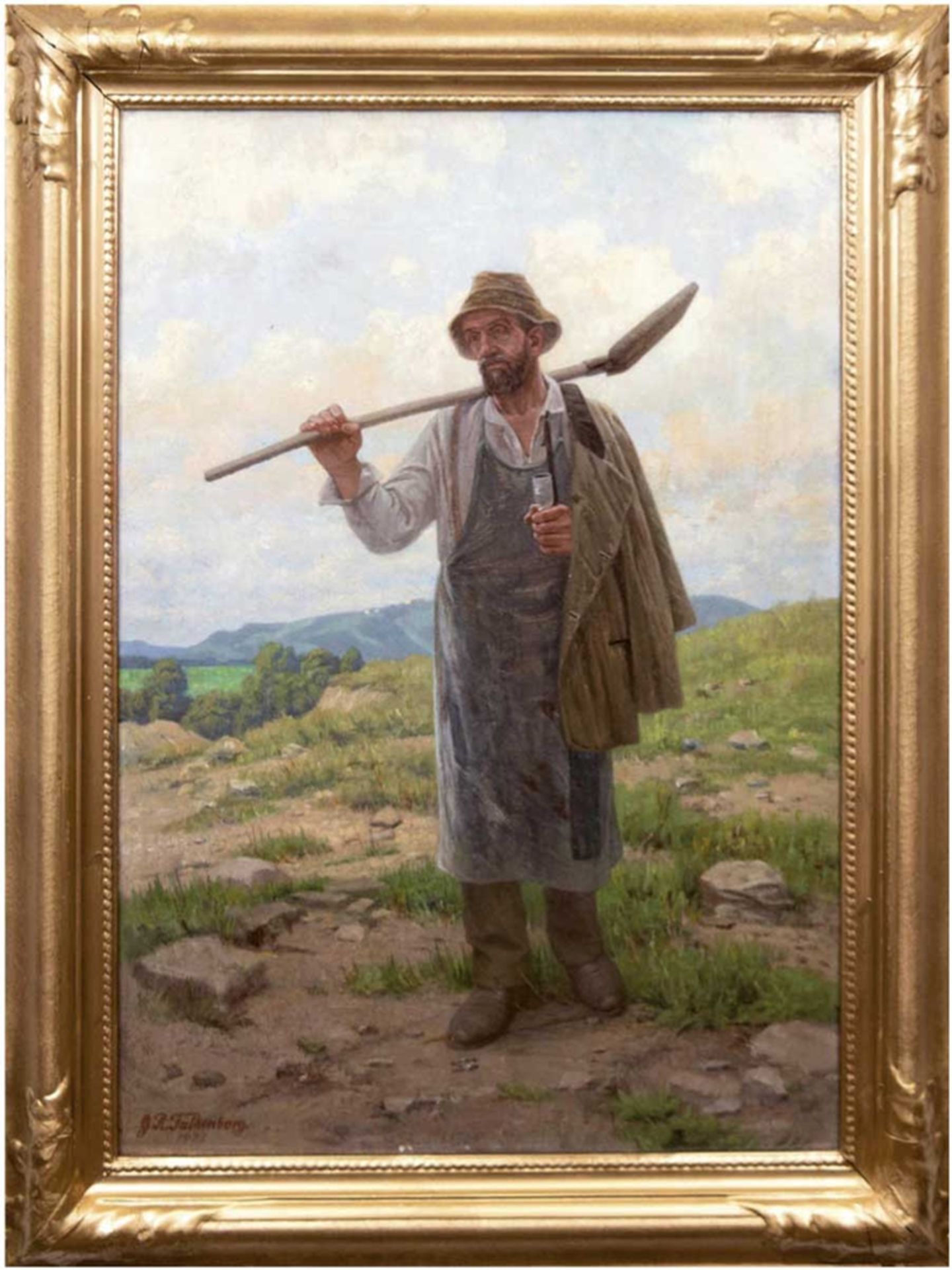 Falkenberg, Georg Richard (1850-1935) "Bauer nach getaner Arbeit", Öl/Lw., sign. u.l., 80x59 cm, Ra