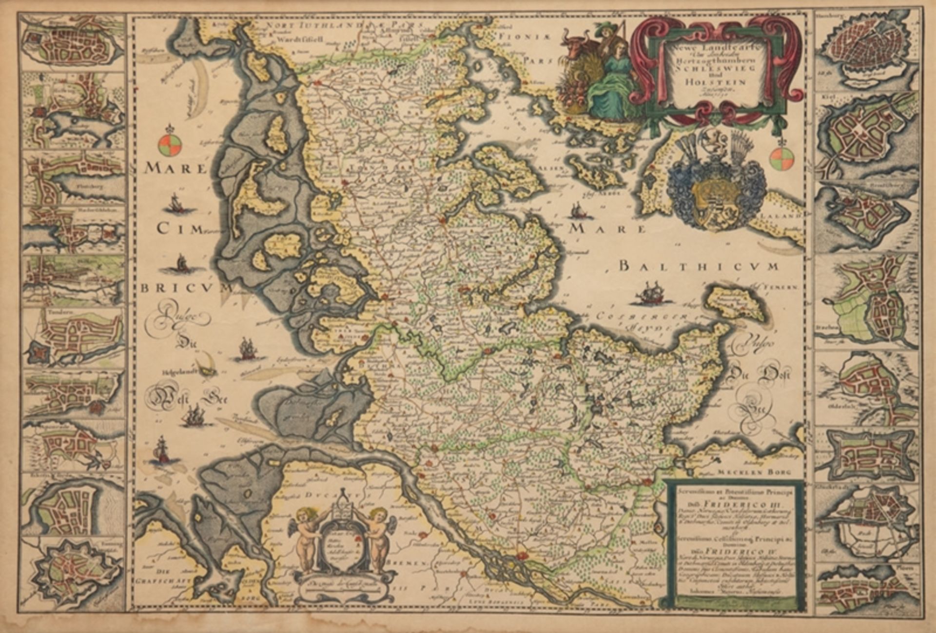 Landkarte "Herzogtümer Schleswig und Holstein 1650", altkolorierter Kupferstich, Autor Johannes Mej