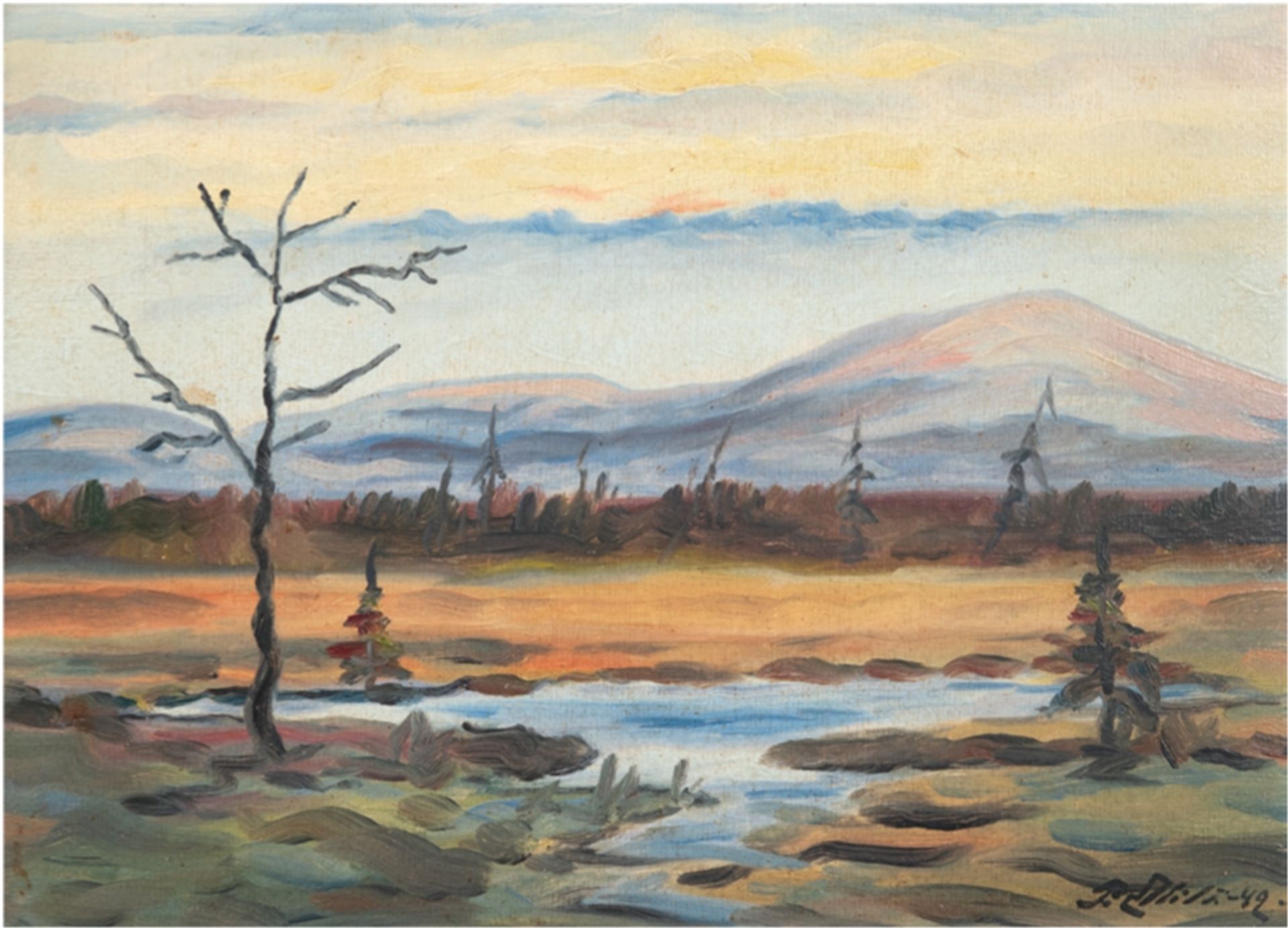 Maler des 20. Jh. "Nordfinnische Landschaft", Öl/Mp., undeutl. signiert und datiert '42 u.r., 24x33