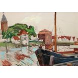 Landschaftsmaler "Segelboote im Hafen", Öl/ Hf., unsign., 62x80 cm, Rahmen