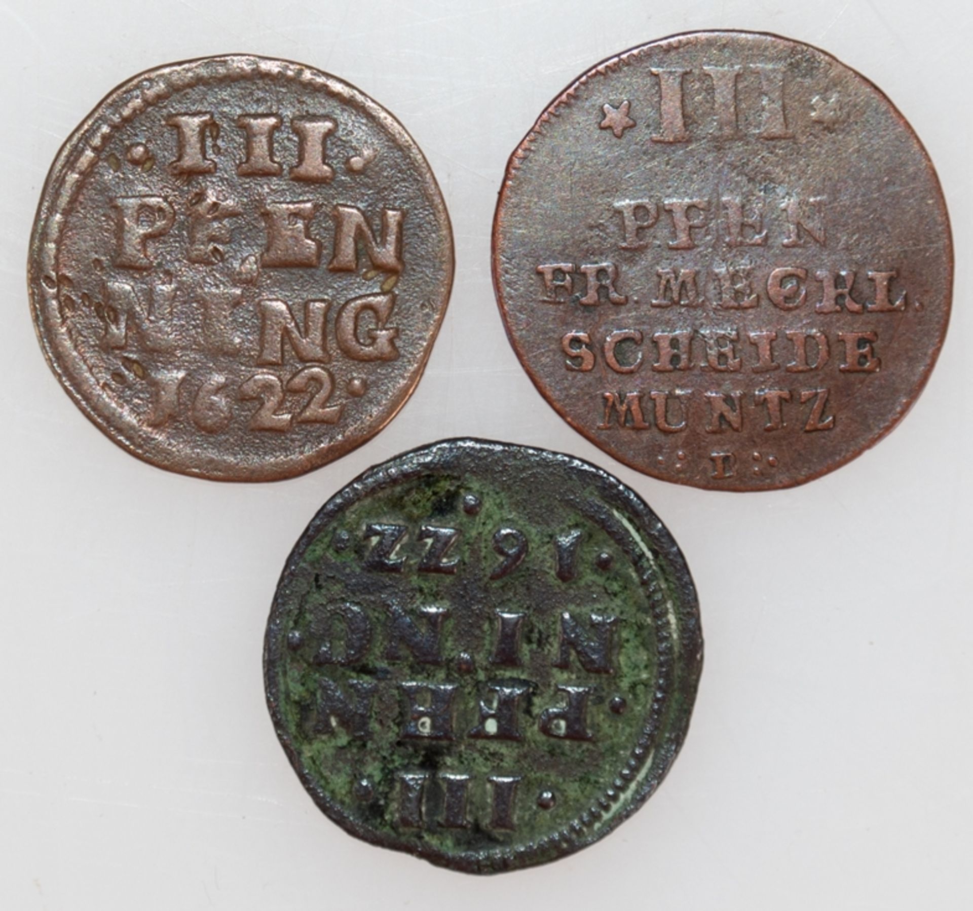 3 Pfennig Mecklenburg Schwerin, dabei 2x 1622 und 1x 1713