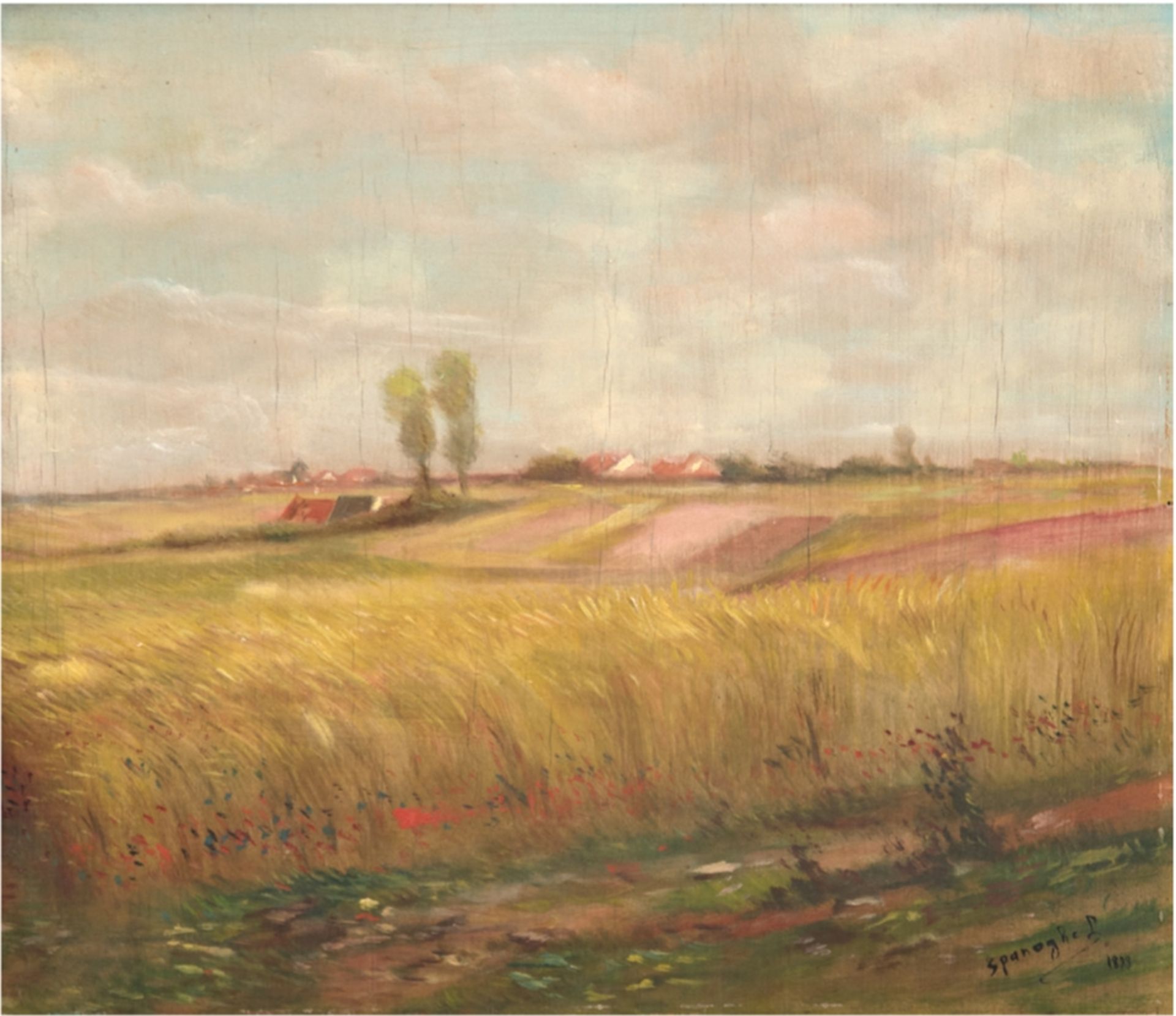 Spanoghe, Leo (1874-1955, belgischer Maler) "Weite Dorflandschaft mit Kornfeld", Öl/SH., signiert u
