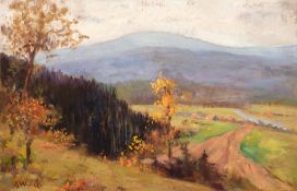 Wencke, Sophie (1874 Bremerhaven-1963 Worpswede) "Berglandschaft", Öl/Spanplatte, sign. u.l., 28,5x