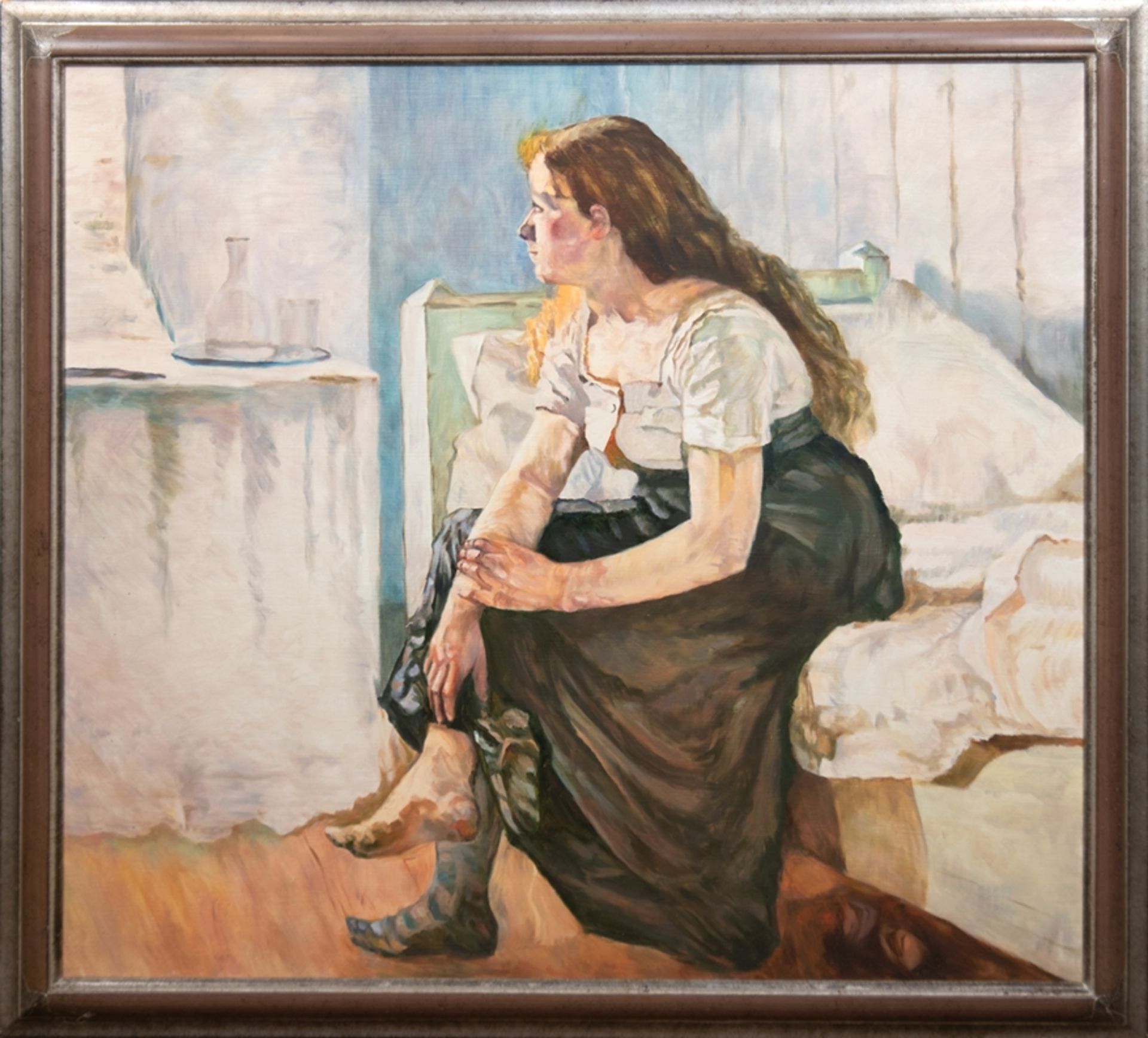 "Morgenstunde am Bett", Öl/Lw., unsign., 96x103,5 cm, Rahmen