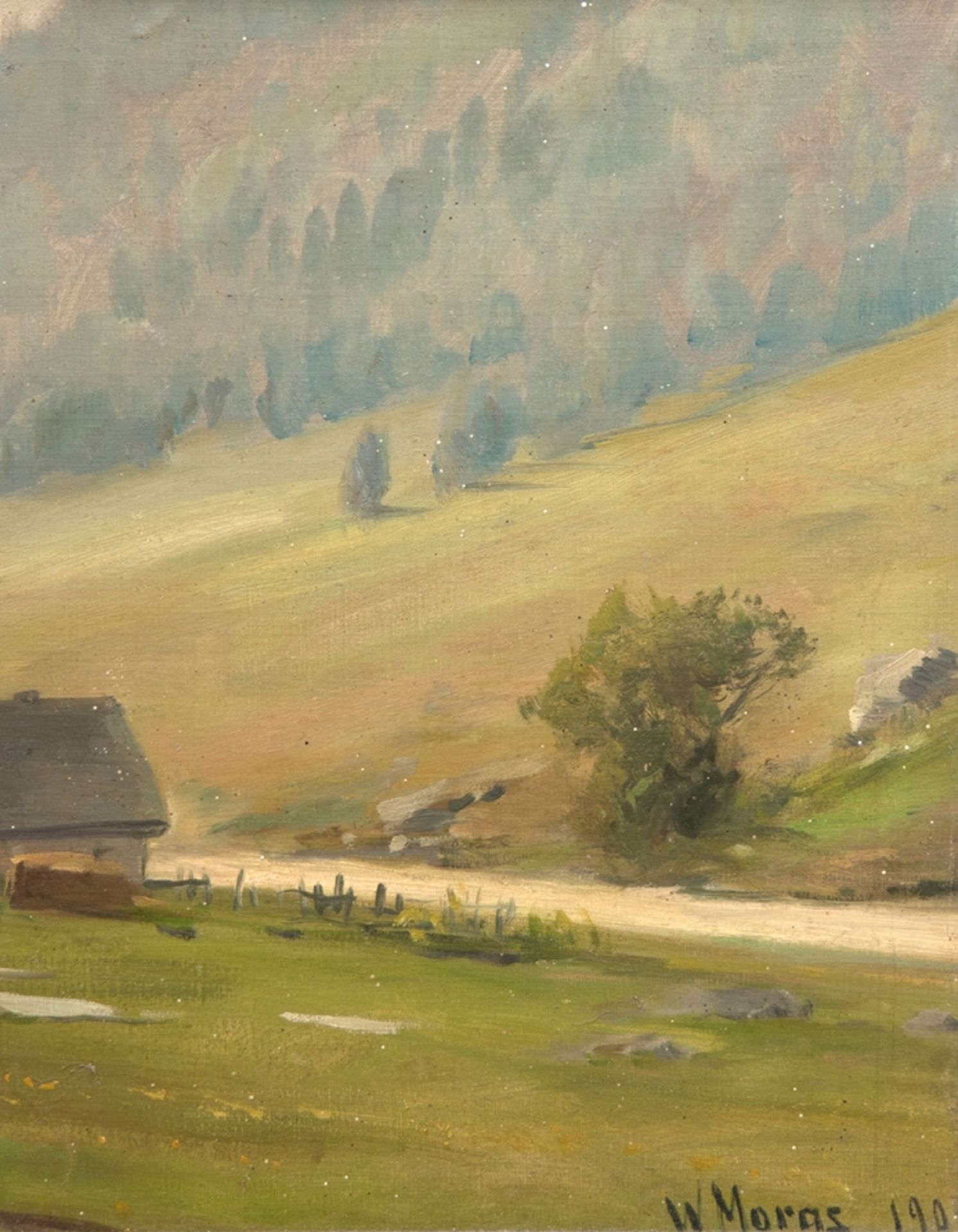 "Gehöft im Tal", Öl/ Hf., sign. "W. Moras", weiße Farbspritzer, 55x42 cm, Rahmen