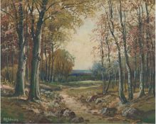 Schwarz, Otto (1880 Hamburg-1952) "Weg durch einen Herbstwald", Öl/Mp., sign. u.l. 24x30 cm, Rahmen
