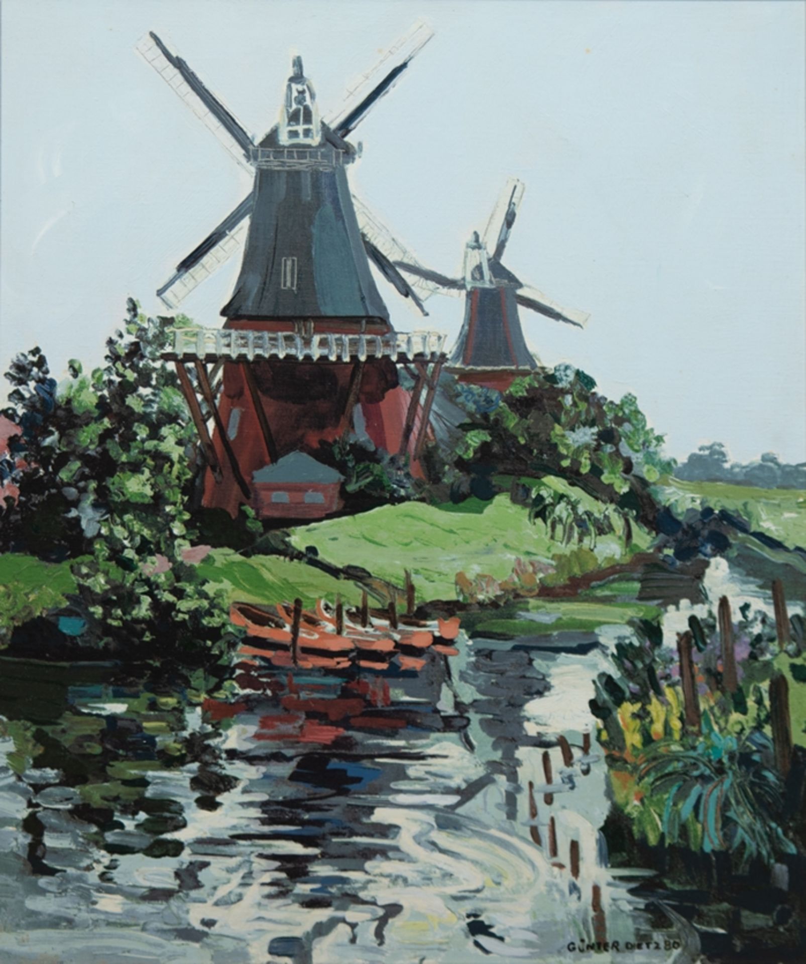 Dietz, Günter (1919 Lüneburg-1995 Soyen) "Zwillingwindmühlen am Polder ", Dietz-Replik, Öl/Lw.,bez.