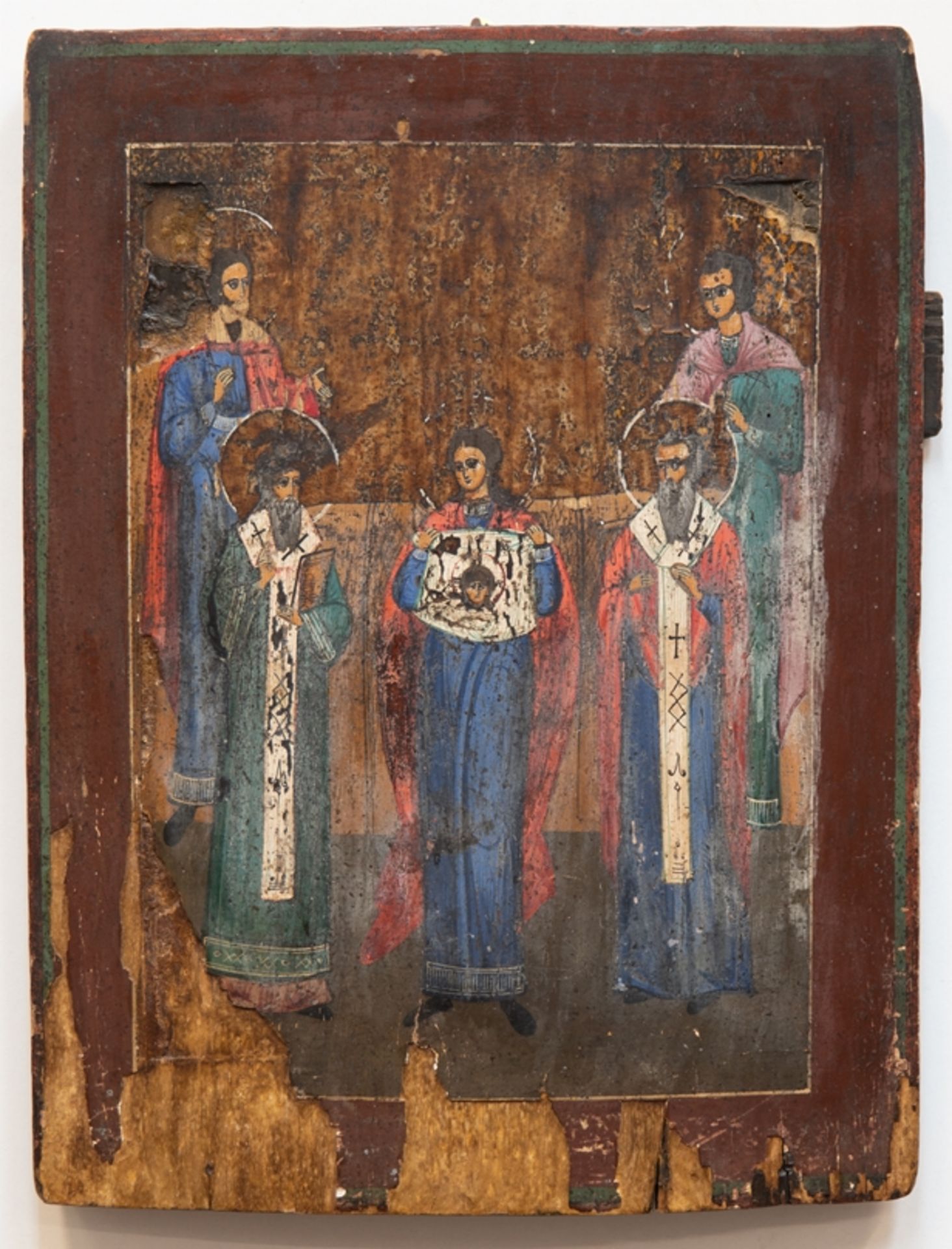 Ikone "Auserwählte Heilige und Erzengel Michael", Anf. 19. Jh., Eitempra/ Holz, starke Farbverluste