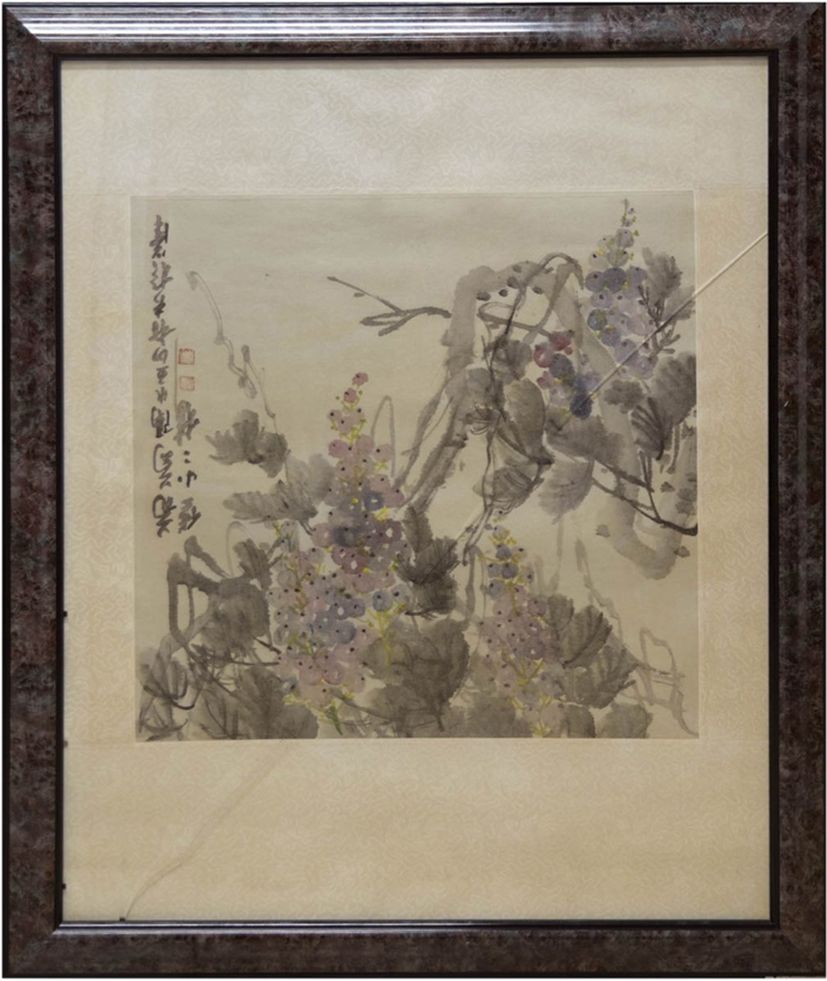 "Floral ", Chinesisches Aquarell, Iinks Schriftzeichen und Blockstempel, 46x46 cm, hinter Glas (def