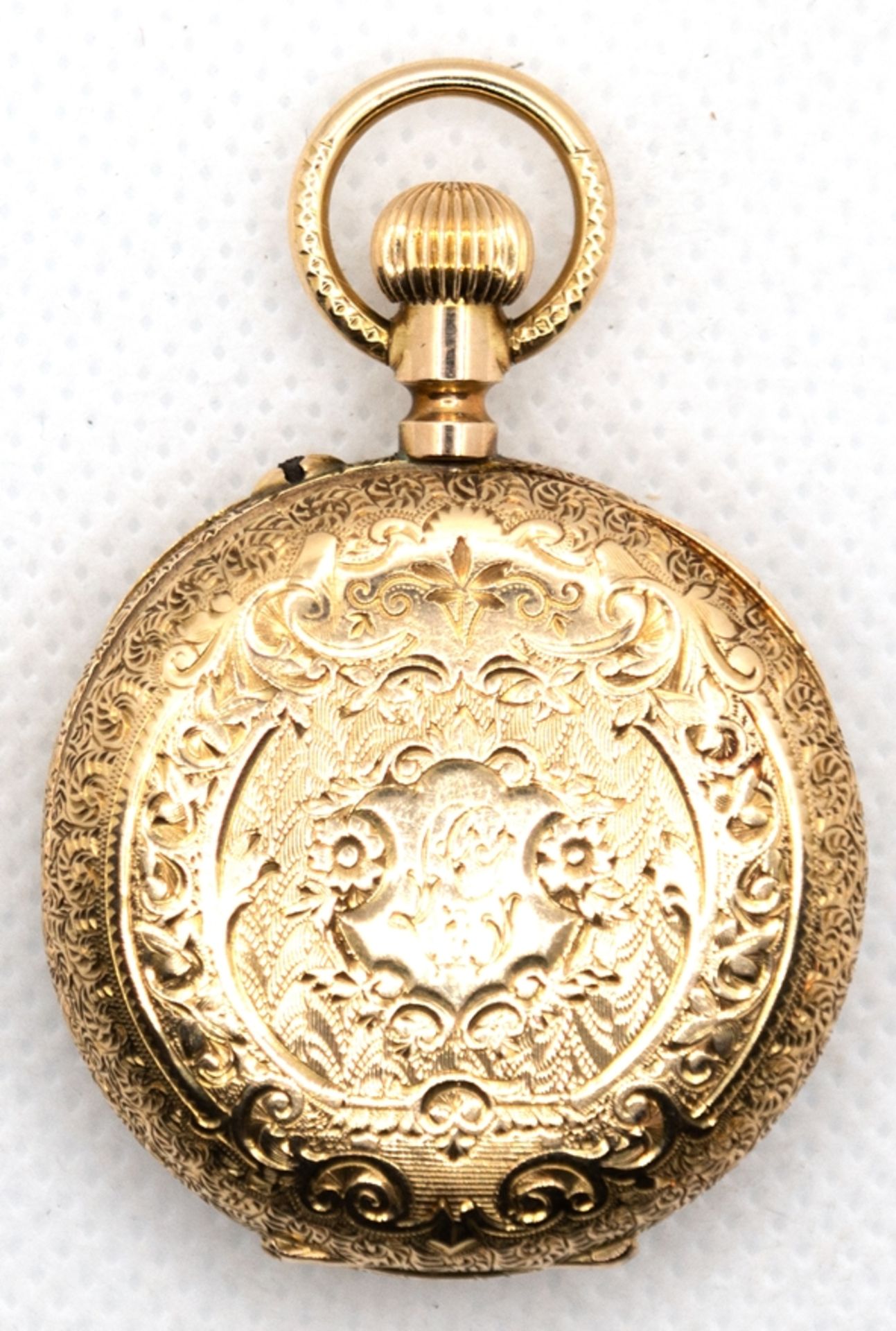 Damentaschenuhr, 585er GG, floral ziselierter Deckel mit monogrammierter Kartusche, emailliertes Zi - Image 2 of 2