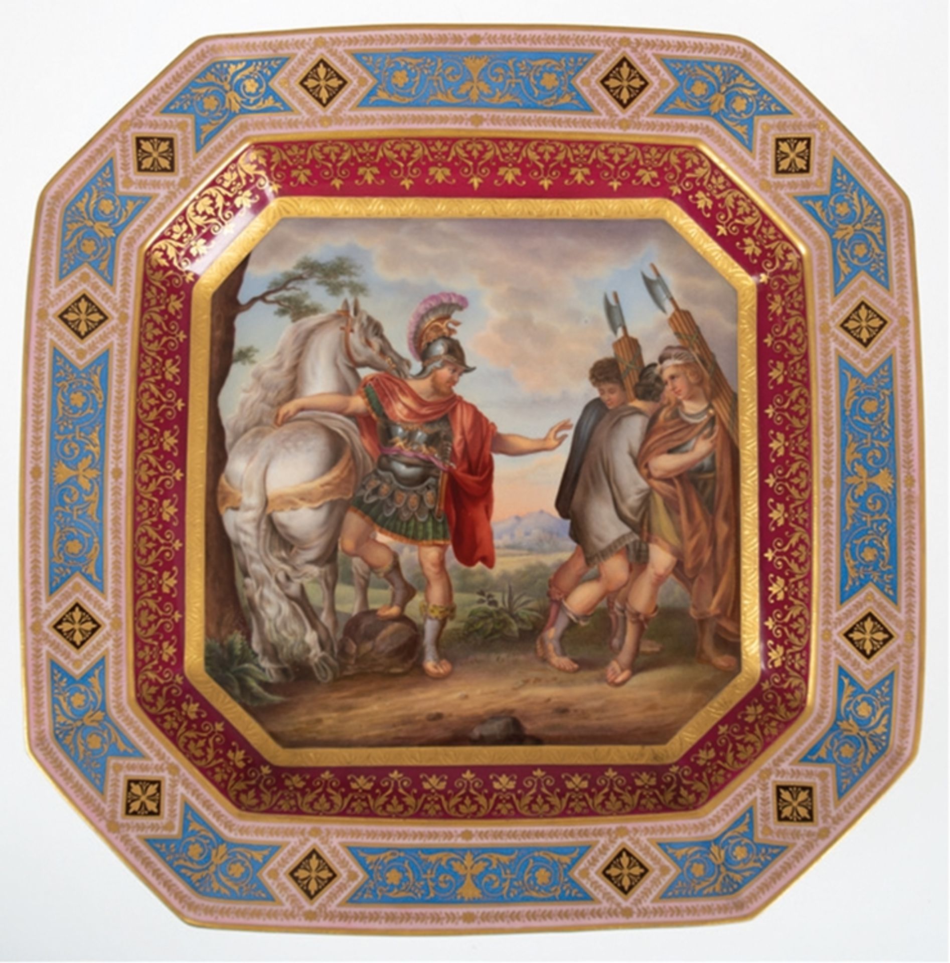 Schale, Wien, polychrome Bemalung "Decius Muß nimmt Abschied von den Liktoren", nach Peter Paul Rub