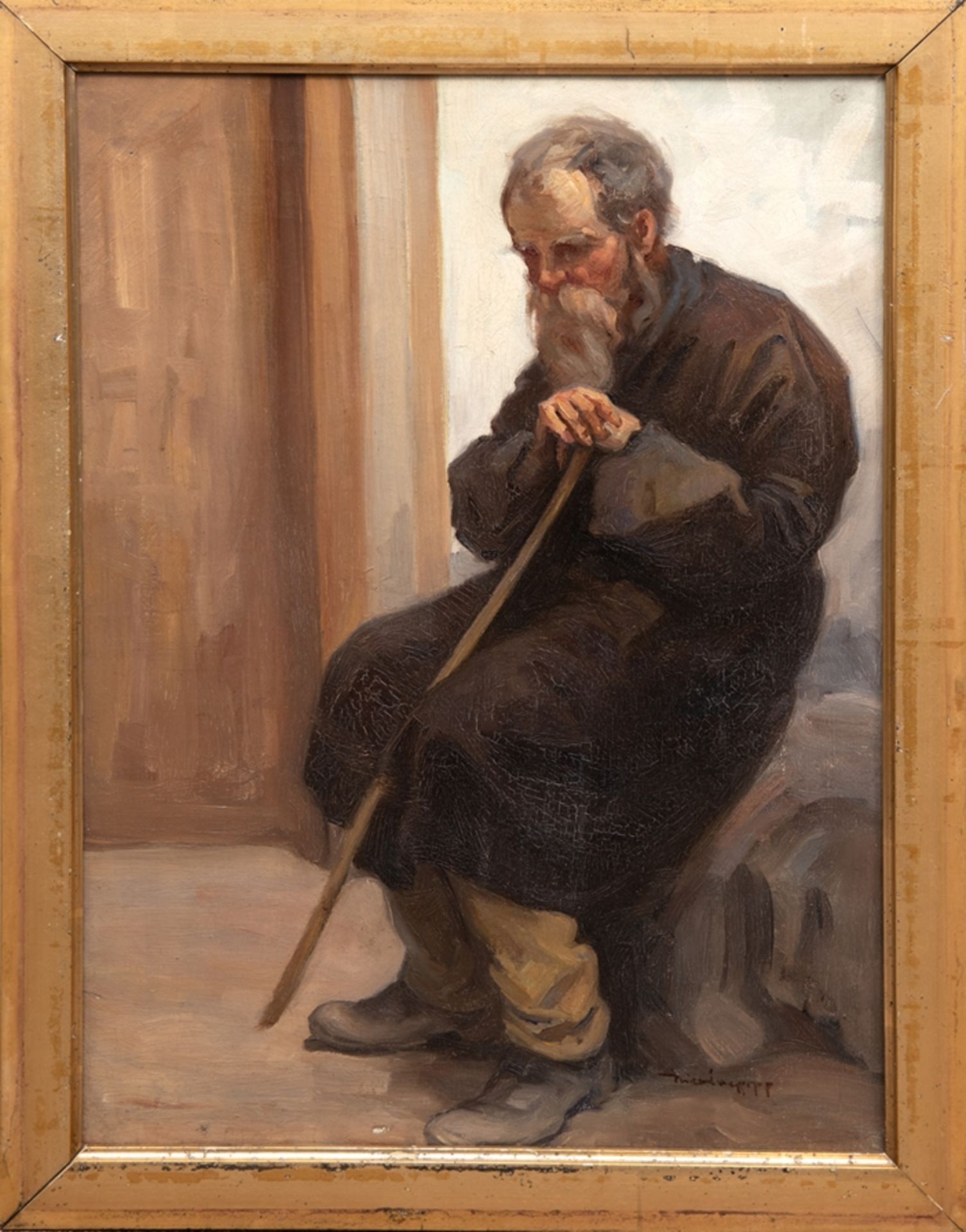 Russischer Porträtmaler "Alter Herr auf einer Bank sitzend und sich auf einen Stock stützend", Öl/L