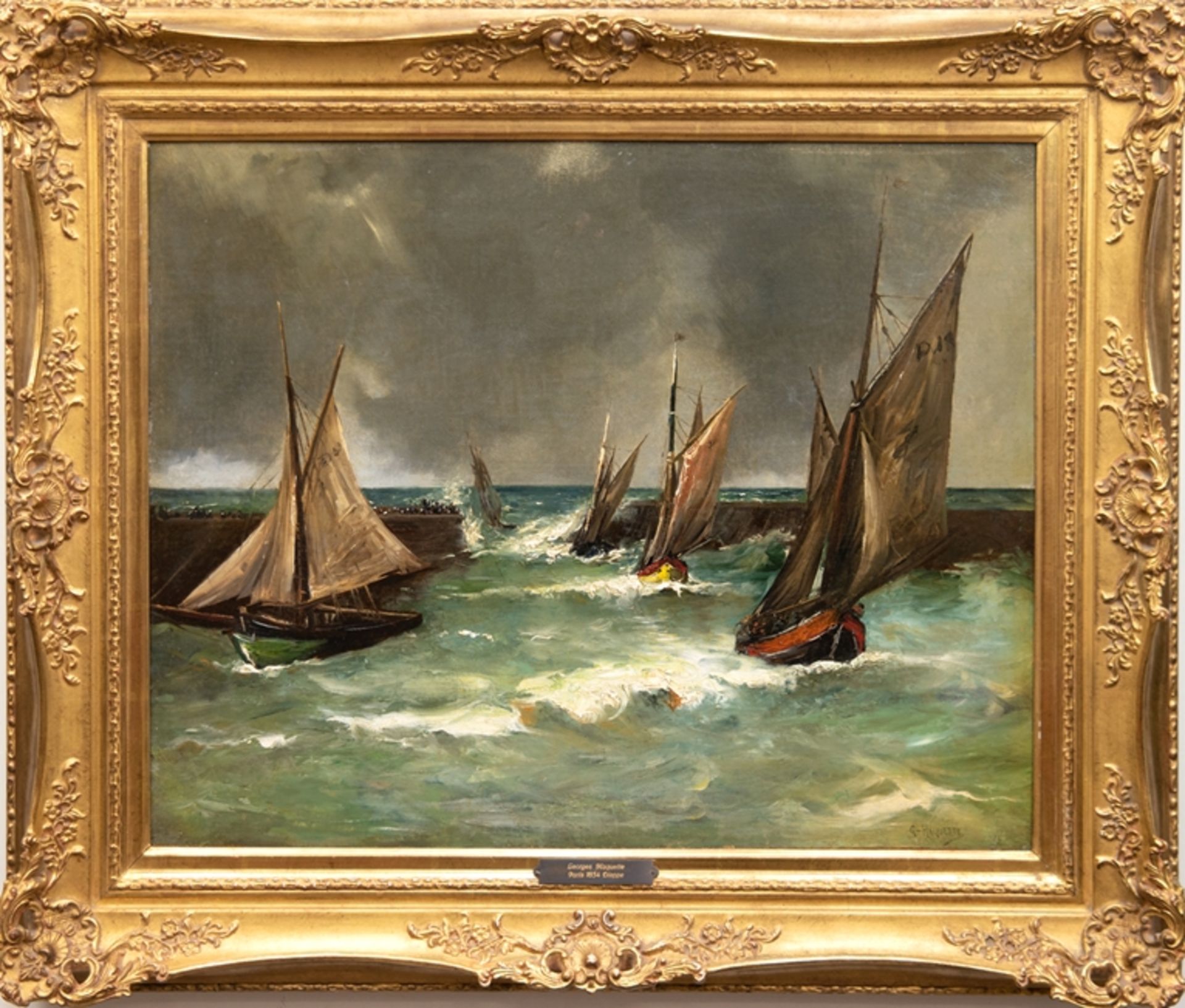 Haquette, Georges Jean Marie (1854 Paris-1906 Dieppe) "Segelboote in der Hafeneinfahrt", Öl/ Lw., d - Bild 2 aus 2