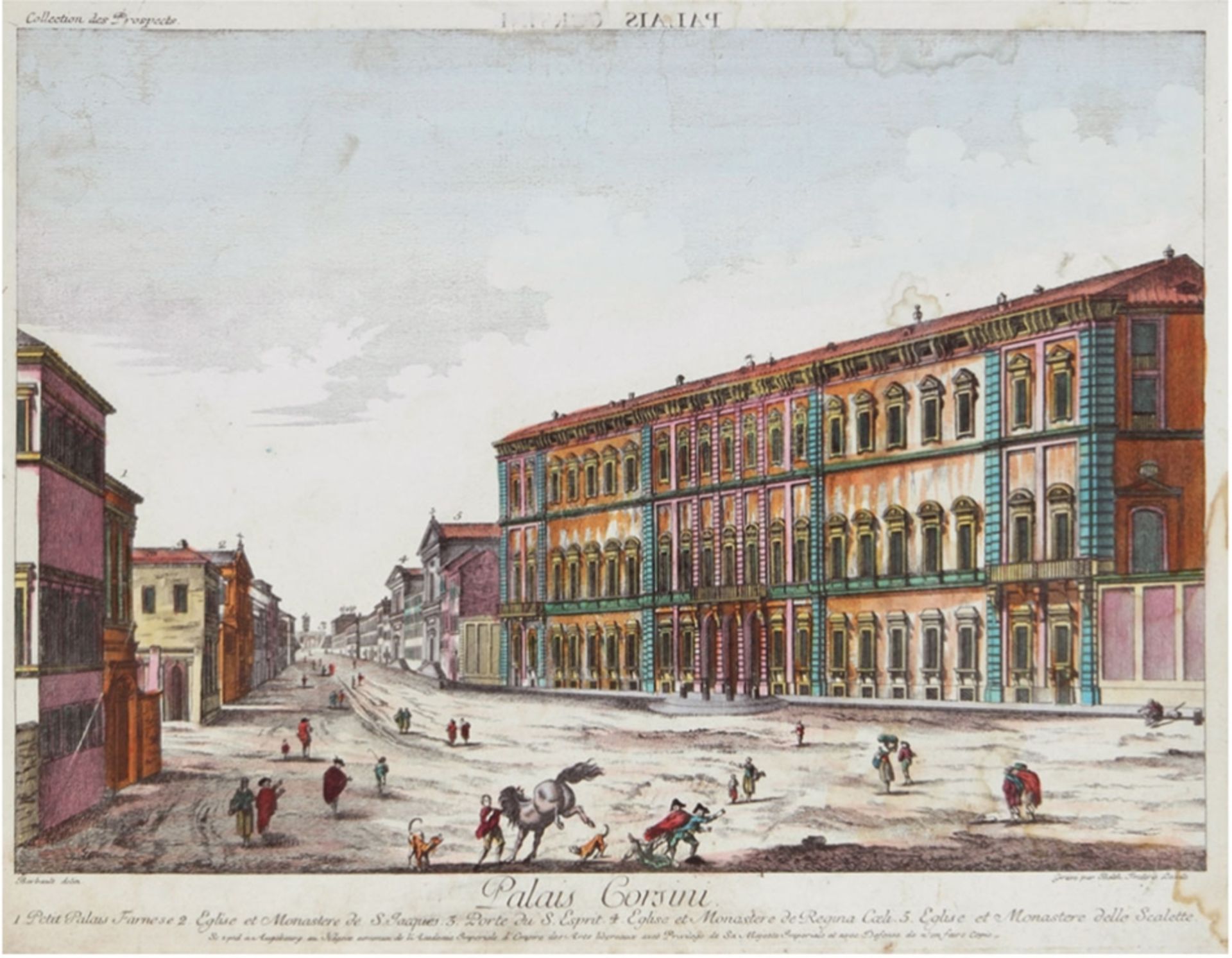 Guckkastenbild, 18. Jh. "Palais Corsini- 1. Petit palais Farnese, 2. Eglise et Monastere de S Jaqu