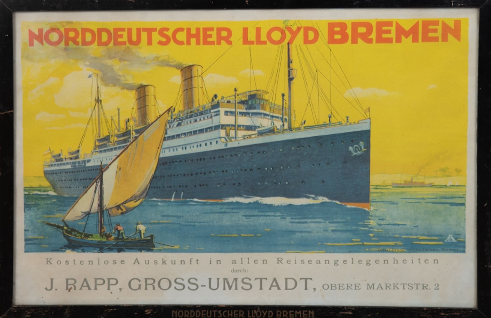 Plakat "Norddeutscher LLoyd Bremen", Offset-Druck Wilh. Jöntzen, 34x48 cm, hinter Glas und Rahmen