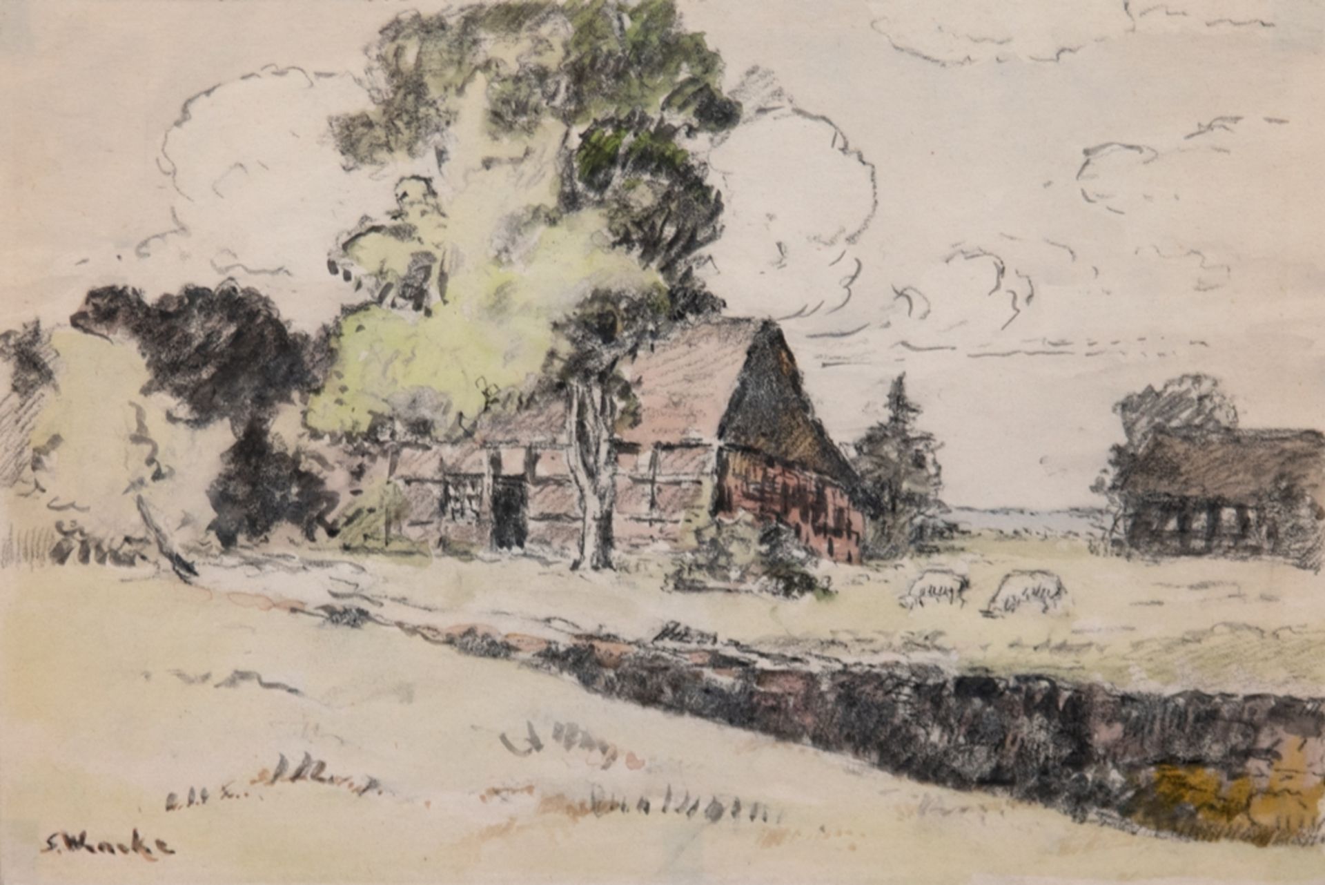 Wencke, Sophie (1874 Bremerhaven-1963 Worpswede) "Bauernkate im Teufelsmoor", Aquarell, sign. u.l.,