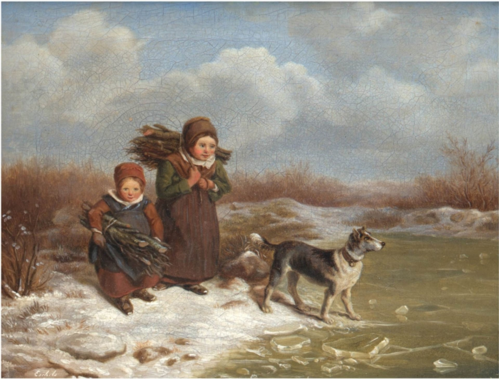 "Winterlandschaft mit zwei Kindern und Hund am Seeufer", Öl/Lw., sign. "Esch... ?" und dat. 1854 u.