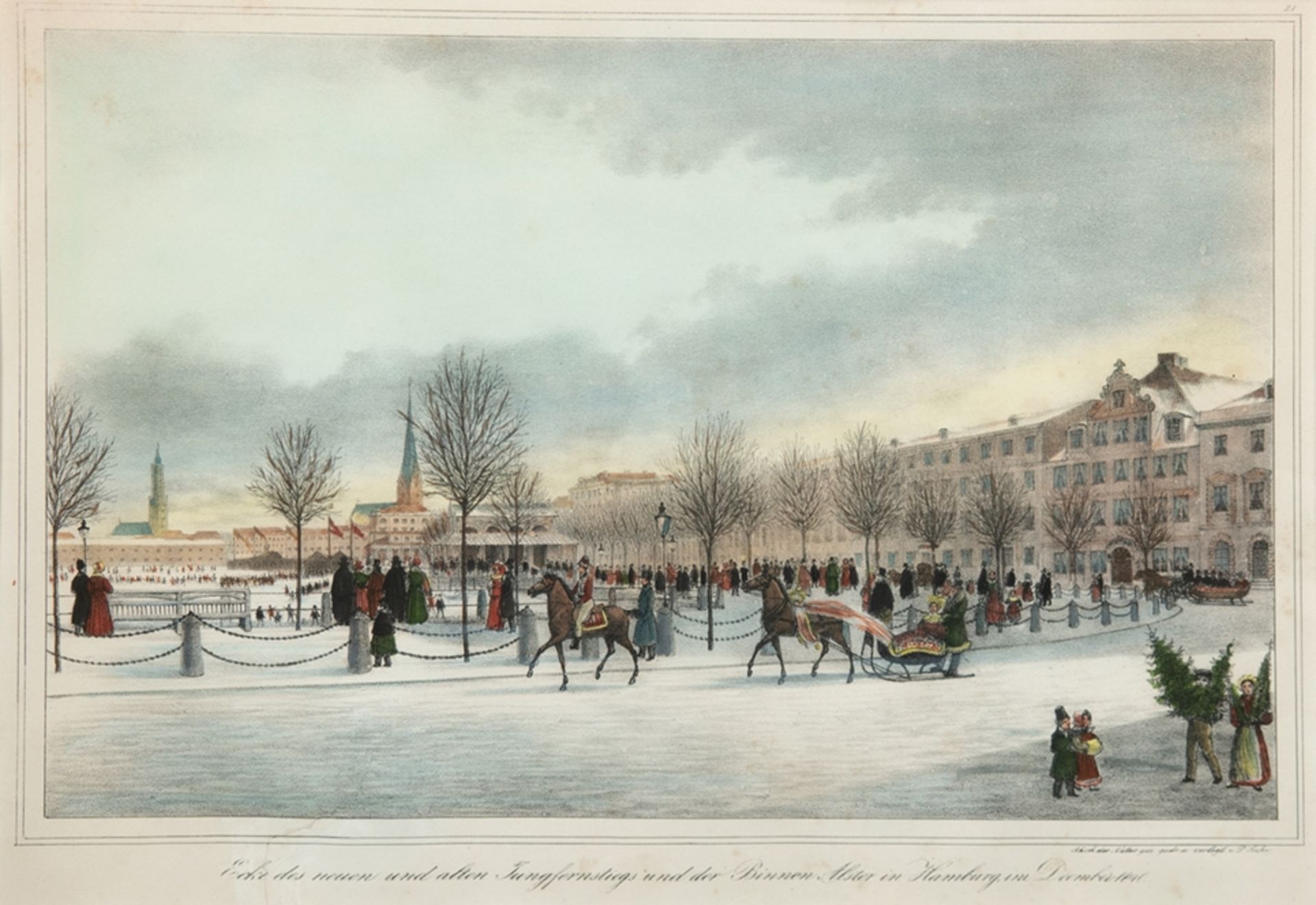 "Ecke des neuen und alten Jungfernstiegs und der Binnen Alster in Hamburg Dezember 1840", Litho., n