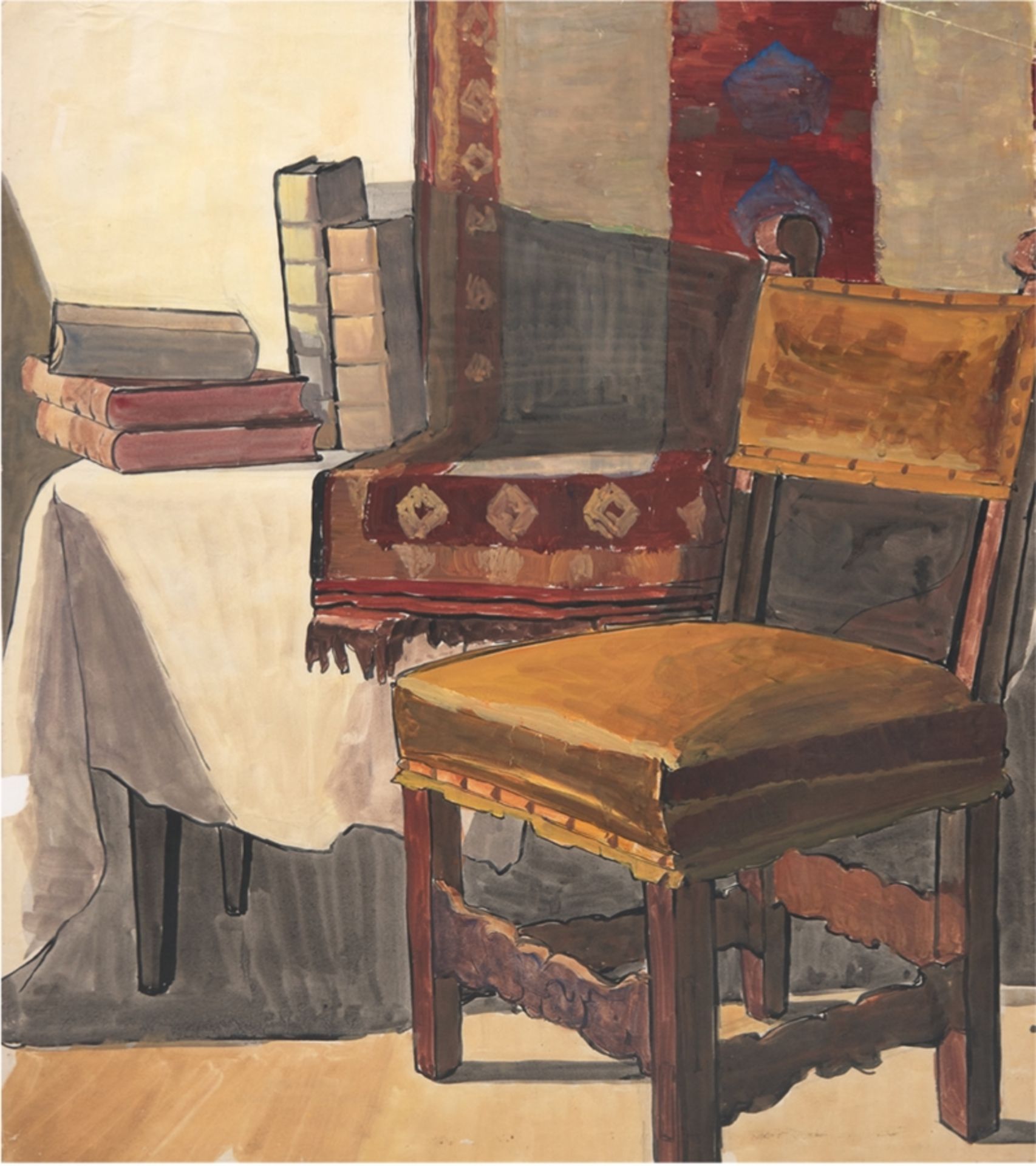 Kurz-Wilhelmi, Emma (1885 Dassow-1968 Kirchseeon) "Interieur", Aquarell, rücks. Nachlaßstempel, Kni