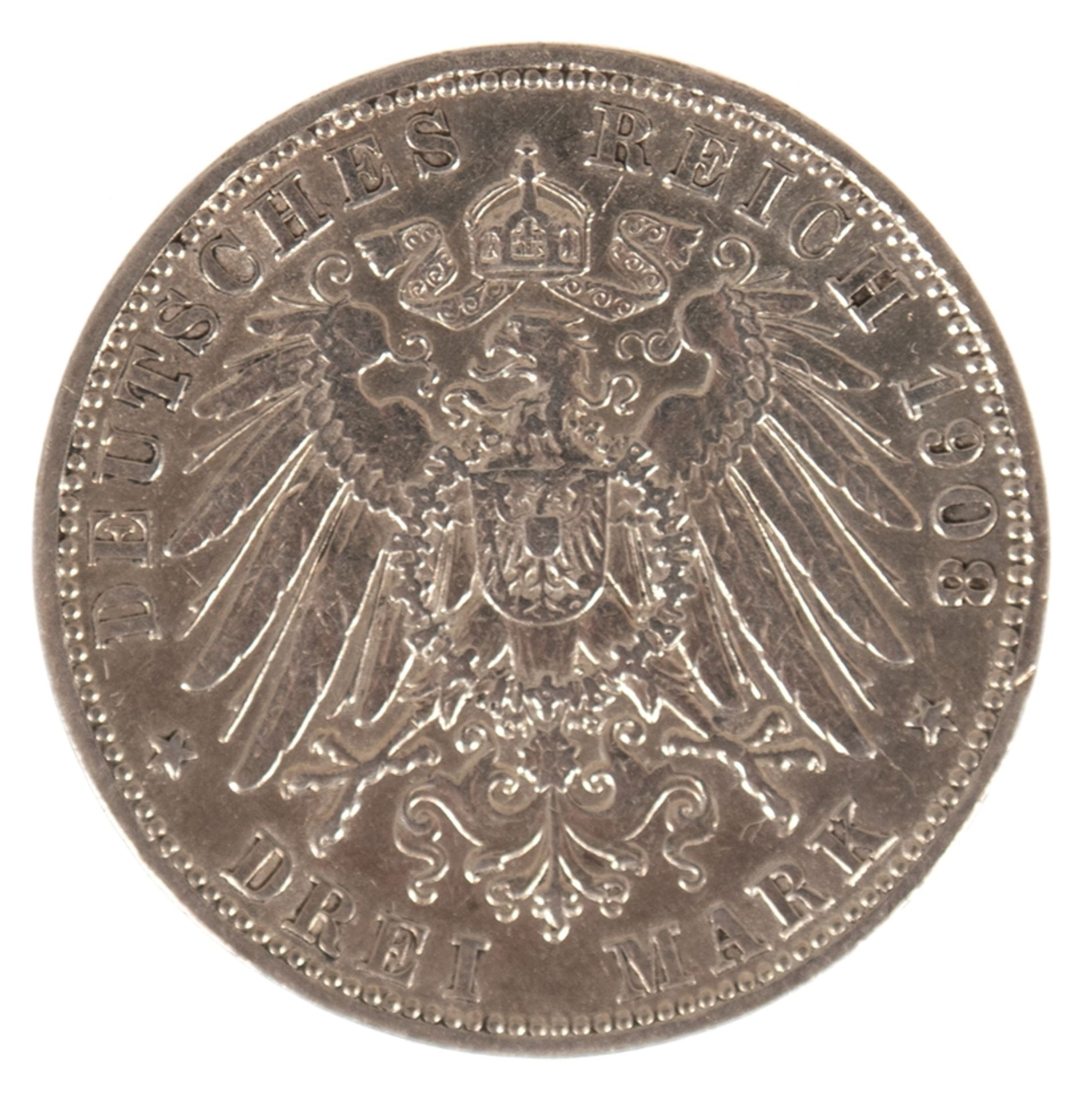 3 Mark, Deutsches Reich 1908 G, Großherzog von Baden, 900er Silber - Bild 2 aus 2