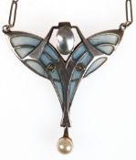 Jugendstil-Collier, 800er Silber, Firmenszeichen "HL", Depose, ornamentales Mittelteil mit graublau