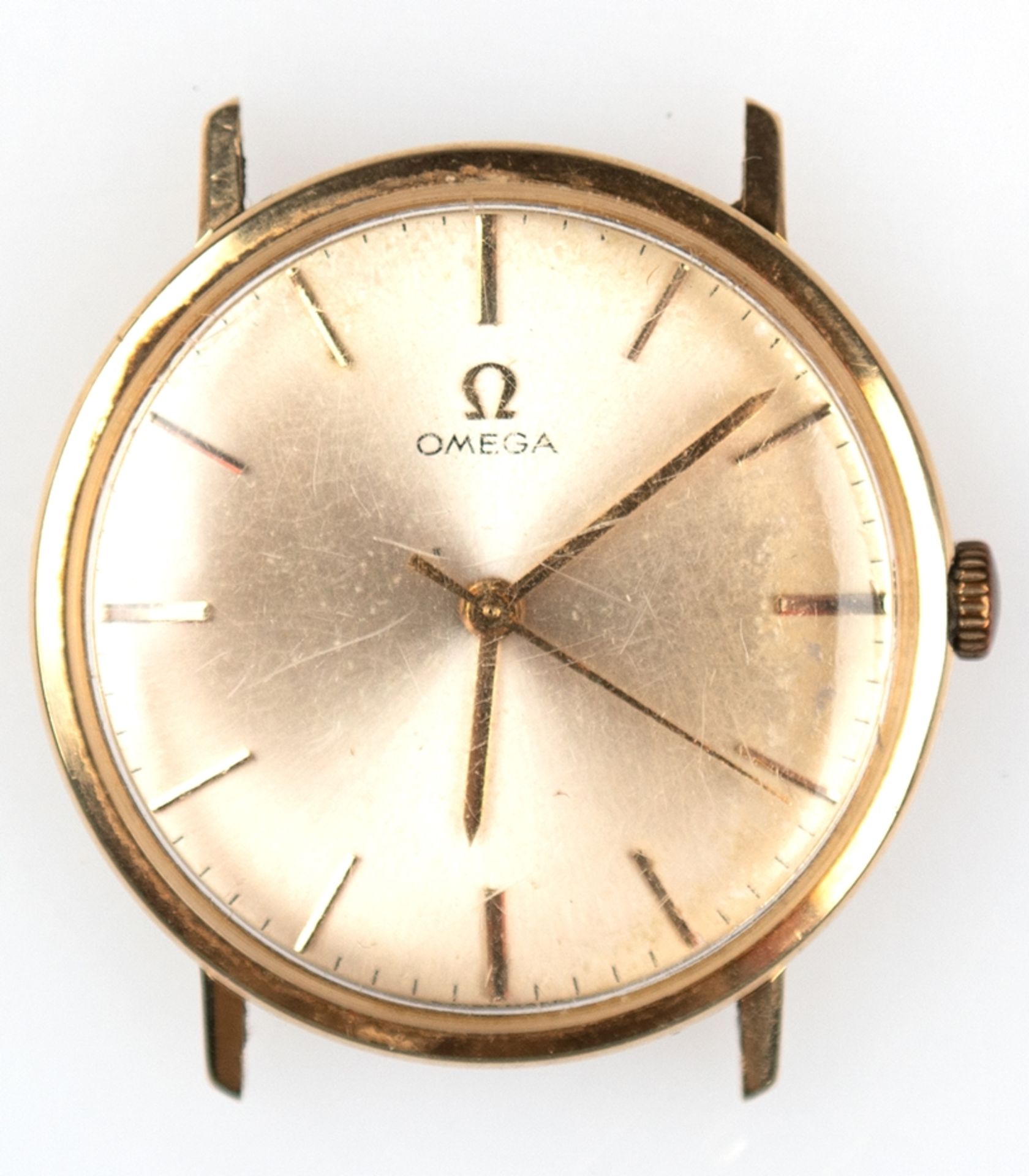 Herrenuhr "Omega", 18 k GG, rundes goldfarbenes Zifferblatt mit Stabindizes, zentrale Sekunde, gang