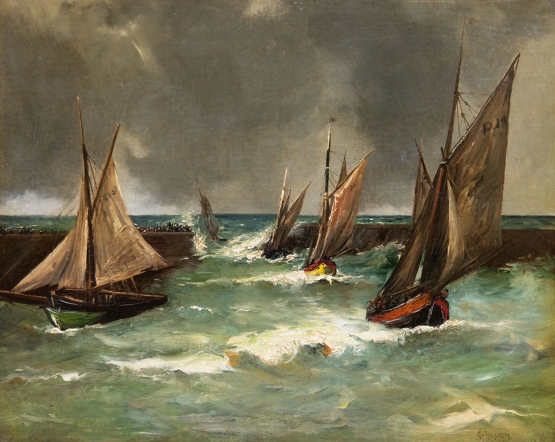 Haquette, Georges Jean Marie (1854 Paris-1906 Dieppe) "Segelboote in der Hafeneinfahrt", Öl/ Lw., d