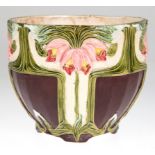 Jugendstil-Übertopf, Keramik, polychrom floral und ornamental glasiert, Haarrisse, H. 17,5 cm, Inne