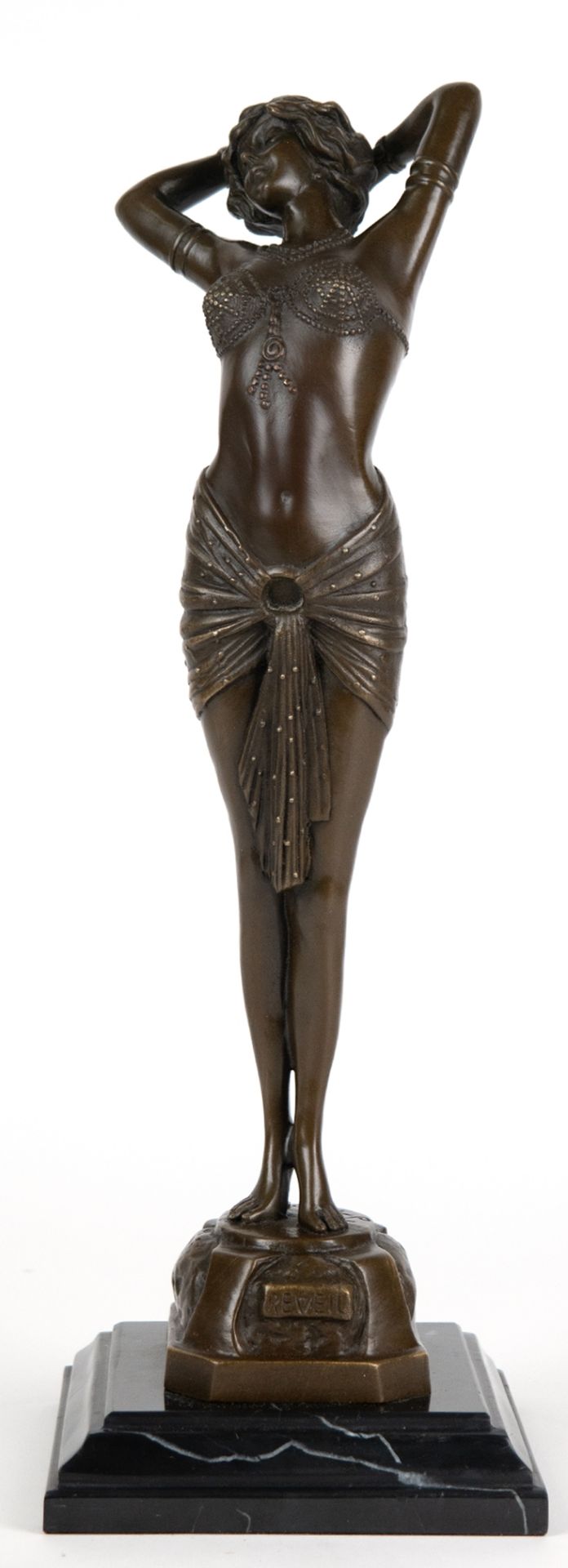 Bronze-Figur im Art-Deco-Stil "Tänzerin mit hinter dem Kopf verschränkten Armen", Nachguß, braun pa