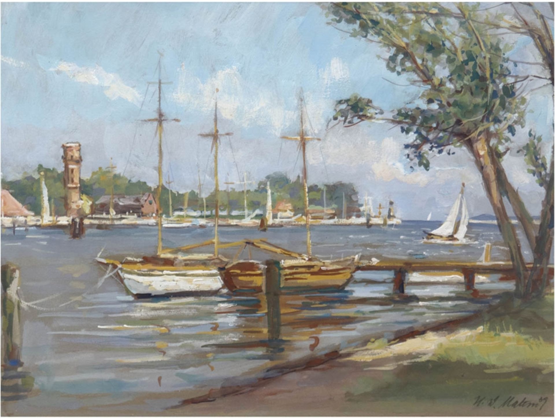 Matern, Hans Werner (1906 Rostock-1996 Lübeck) "Travemünde Ausfahrt", Gouache/Mp., sign. u.r., 27x3