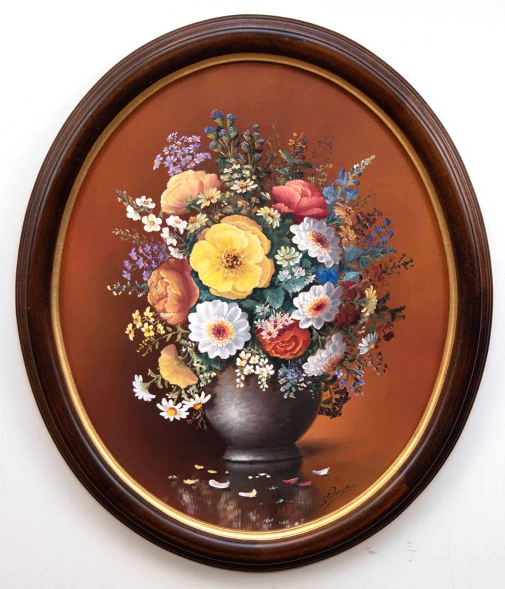 Langer, S. (Stillebenmaler des 20. Jh.) "Sommerblumen in Keramikvase", Öl/ Hf., sign. u.r., 60x50 c