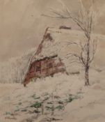 Wencke, Sophie (1874 Bremerhaven-1963 Worpswede) "Worpsweder Bauernkate im Winter", Zeichnung/ Aqua