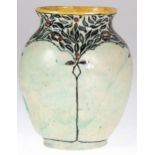 Jugendstil-Vase, sign. J.J. Lachenal, Keramik, abgeflachter Korpus, hellgrün marmorierte Glasur mi