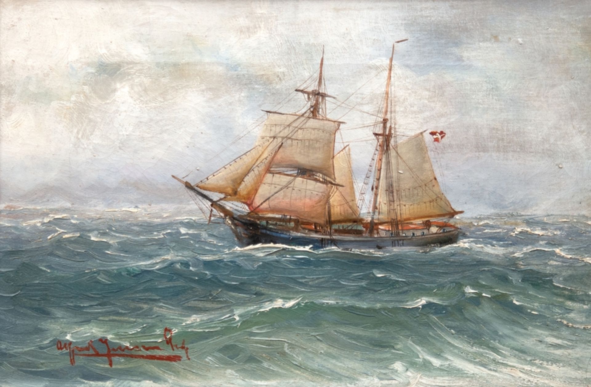 Jensen, Alfred (1859 Randers-1935 Hamburg) "Segelschiff auf bewegter See", Öl/ Lw., sign. u.l., 24,