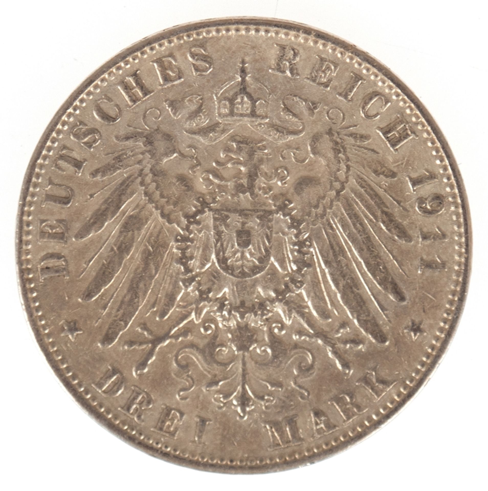 3 Mark, Deutsches Reich 1911 E, König von Sachsen, 900er Silber - Bild 2 aus 2