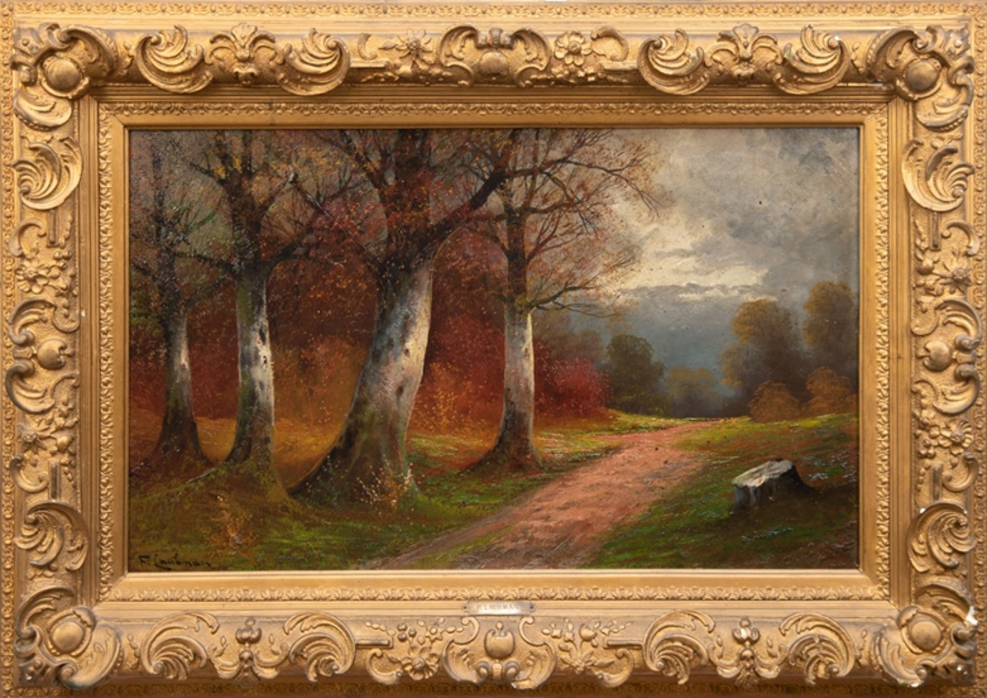 Laubman, F. "Herbstliches Waldinneres", Öl/ Lw., sign. u.l., 1 kl. Hinterlegung, 50x82 cm, Rahmen