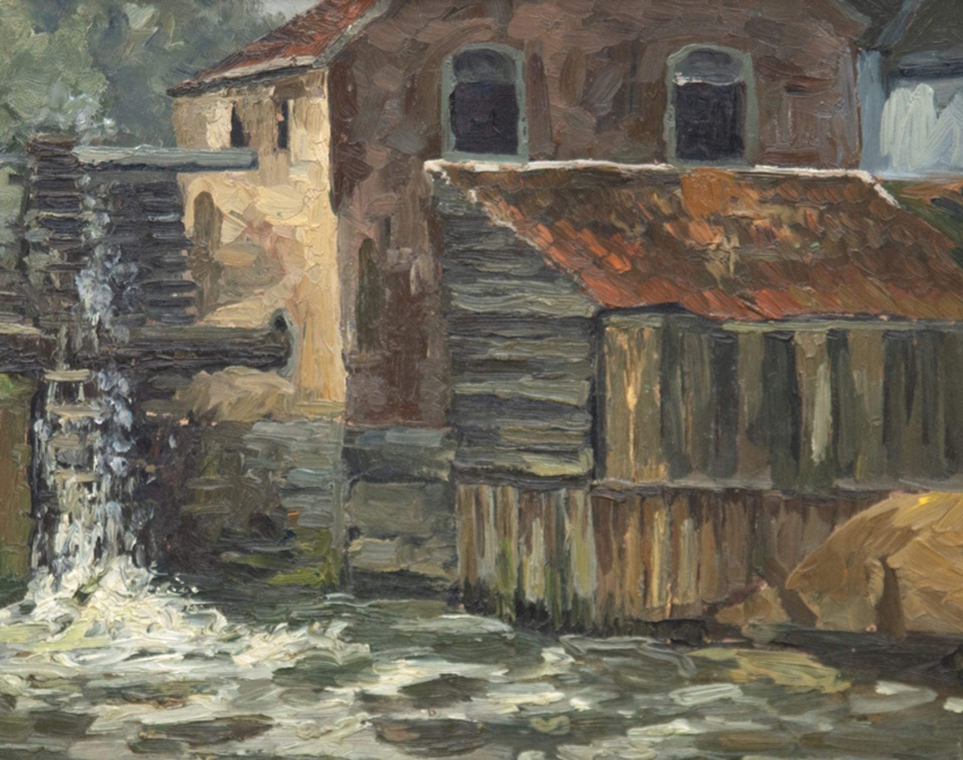 Kruchen, Medardus (1877-1957 Düsseldorf) "Wassermühle", Öl/ Karton, unsign., verso Klebezettel mit