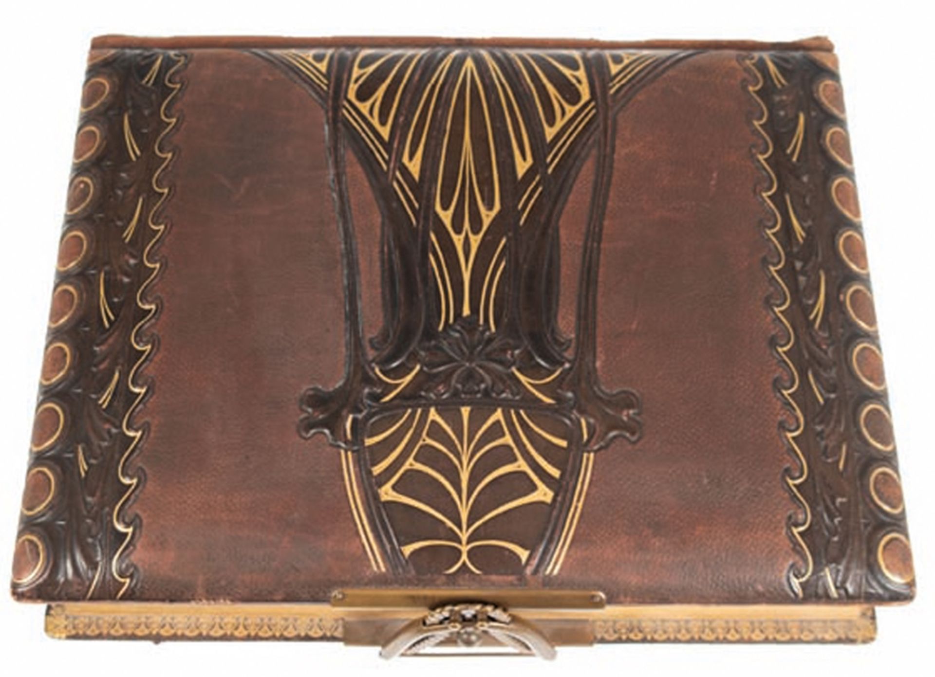 Jugendstil-Fotoalbum, mit geprägtem z.T. vergoldetem Ledereinband mit verzierter Metallschließe, 18