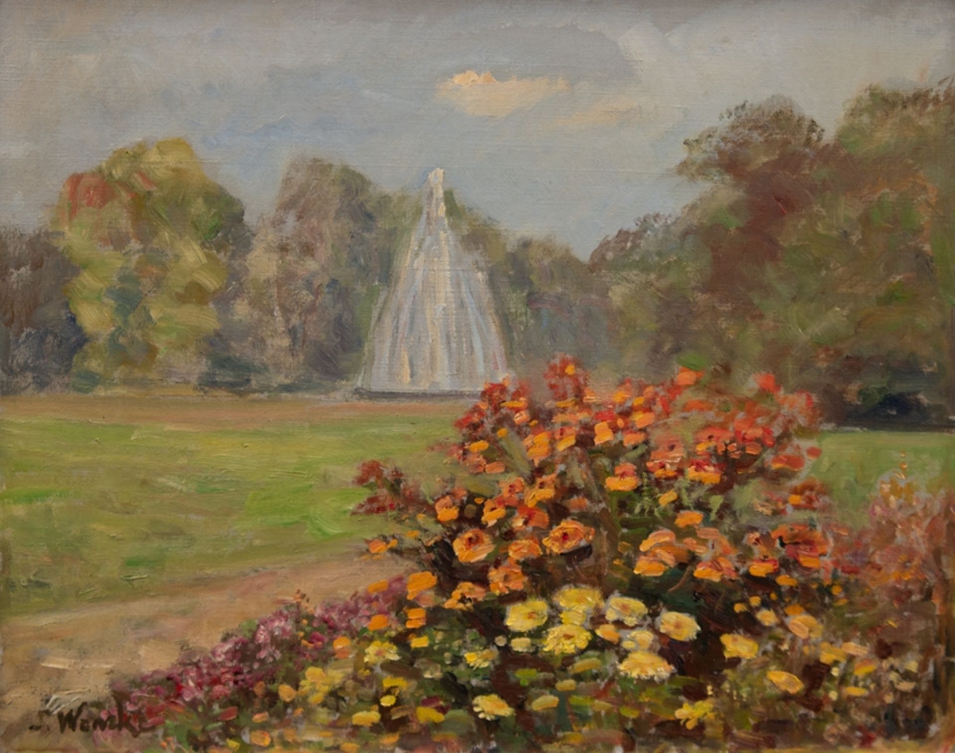 Wencke, Sophie (1874 Bremerhaven-1963 Worpswede) "Blühende Parklandschaft mit Springbrunnen", Öl/ L