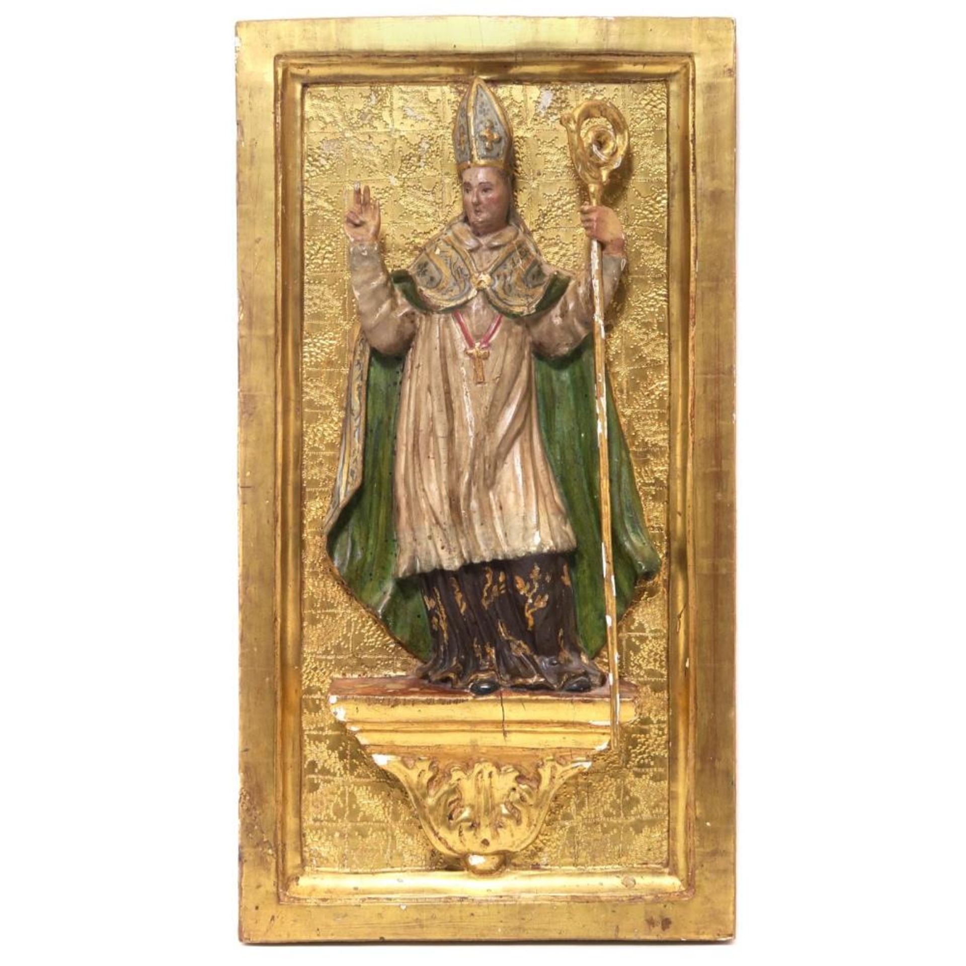 Relief: Bischof Amadeus (?). Holz, geschnitzt, Farb- und Goldfassung