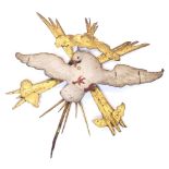 Heilig-Geist-Taube mit Strahlenkranz. Schmiedeeisen, Farb- und Goldfassung